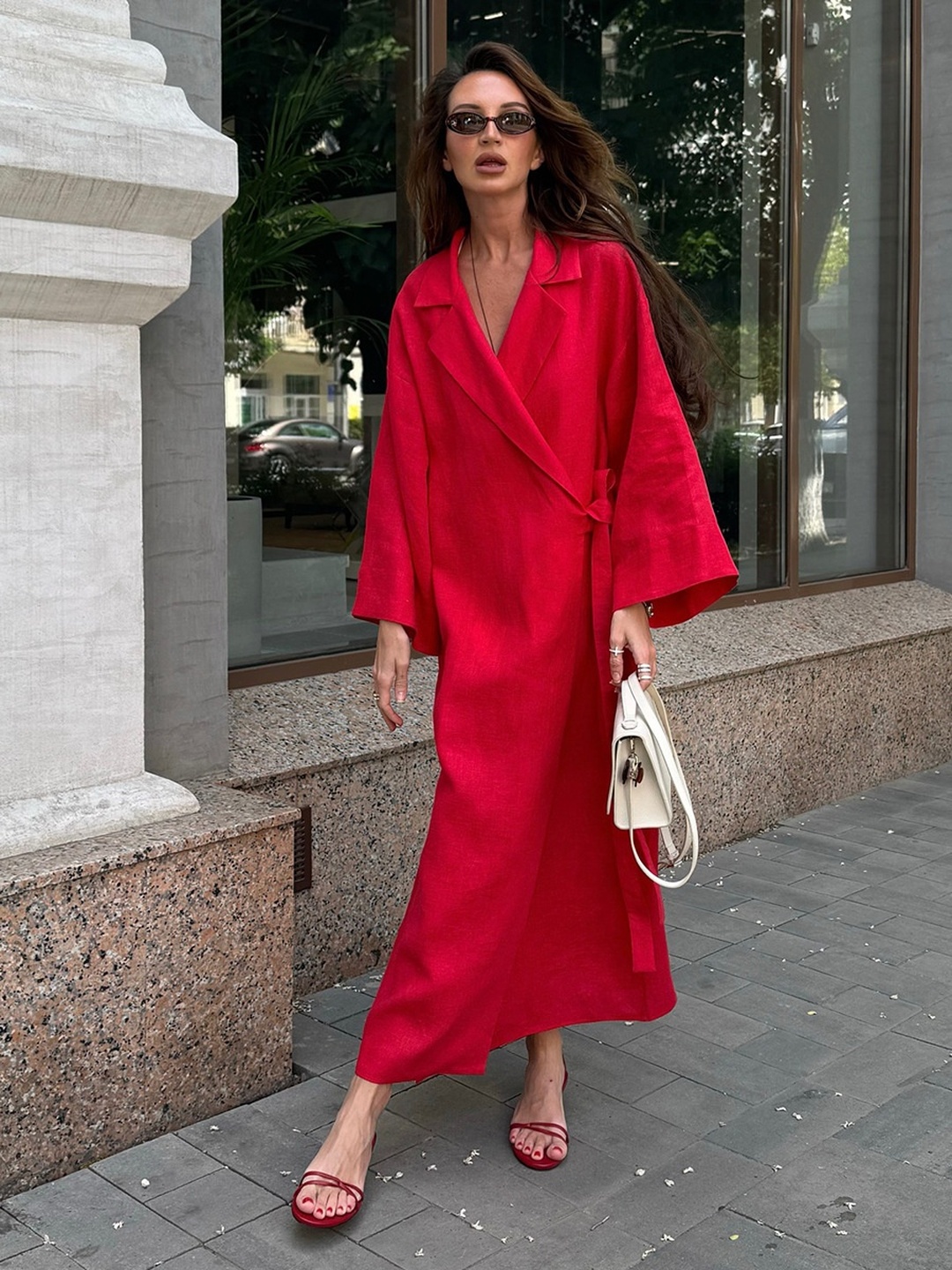 Red Notch Lapel Wrap Maxi Dress with Long Sleeves