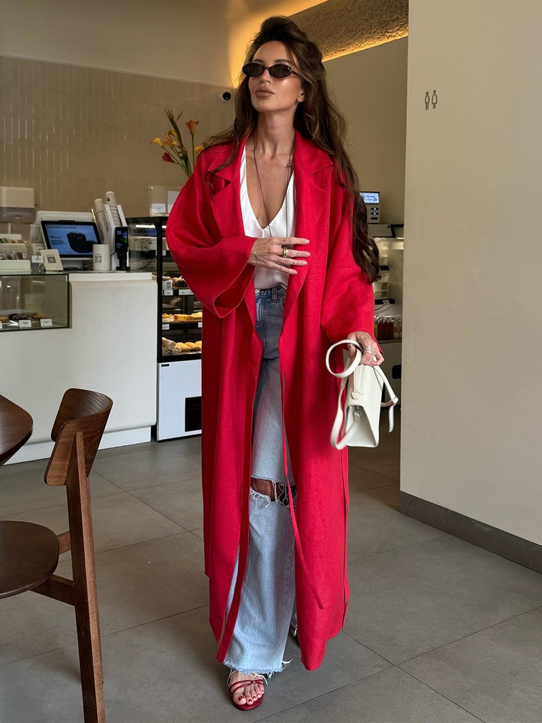 Red Notch Lapel Wrap Maxi Dress with Long Sleeves