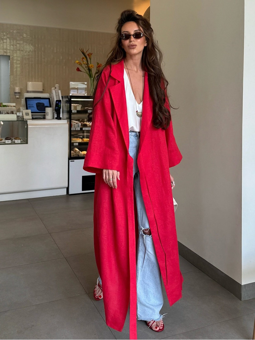 Red Notch Lapel Wrap Maxi Dress with Long Sleeves
