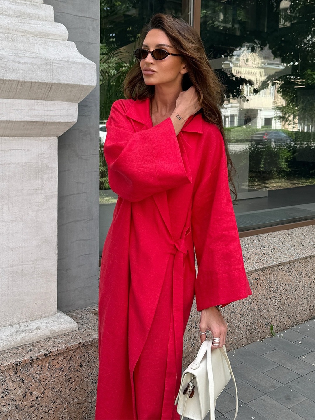 Red Notch Lapel Wrap Maxi Dress with Long Sleeves