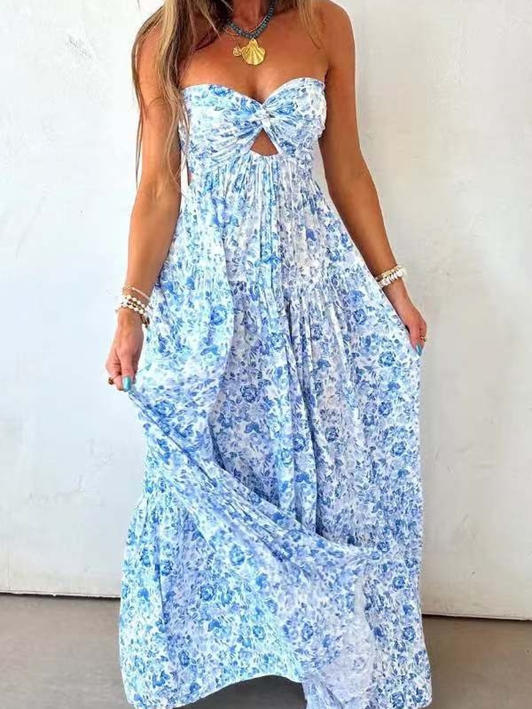 Blue Floral Twist-Knot Bandeau Maxi Dress