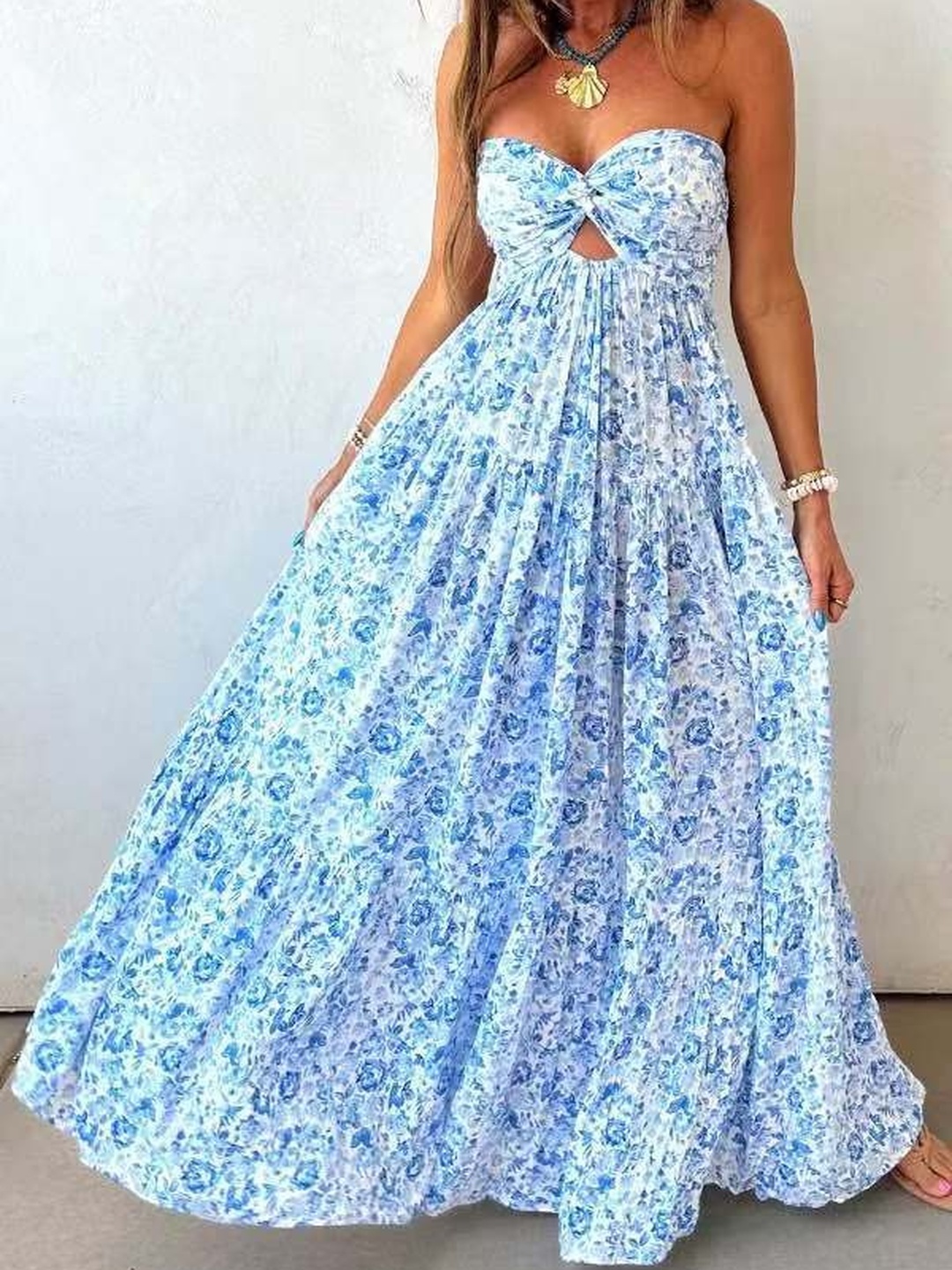 Blue Floral Twist-Knot Bandeau Maxi Dress