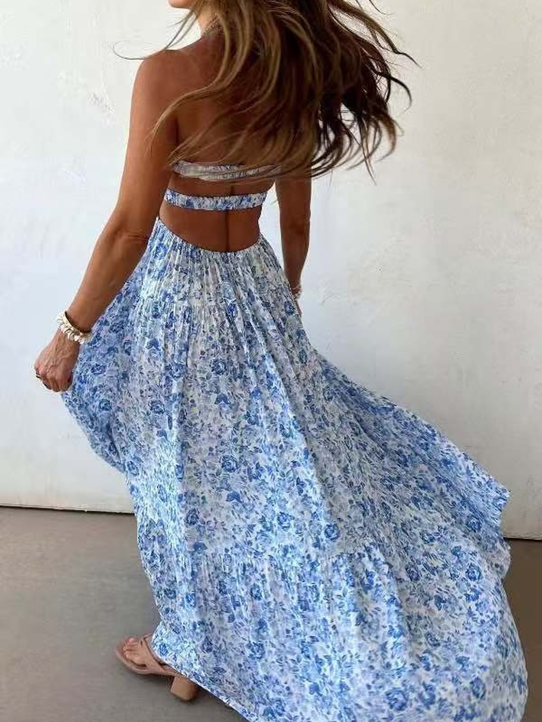 Blue Floral Twist-Knot Bandeau Maxi Dress