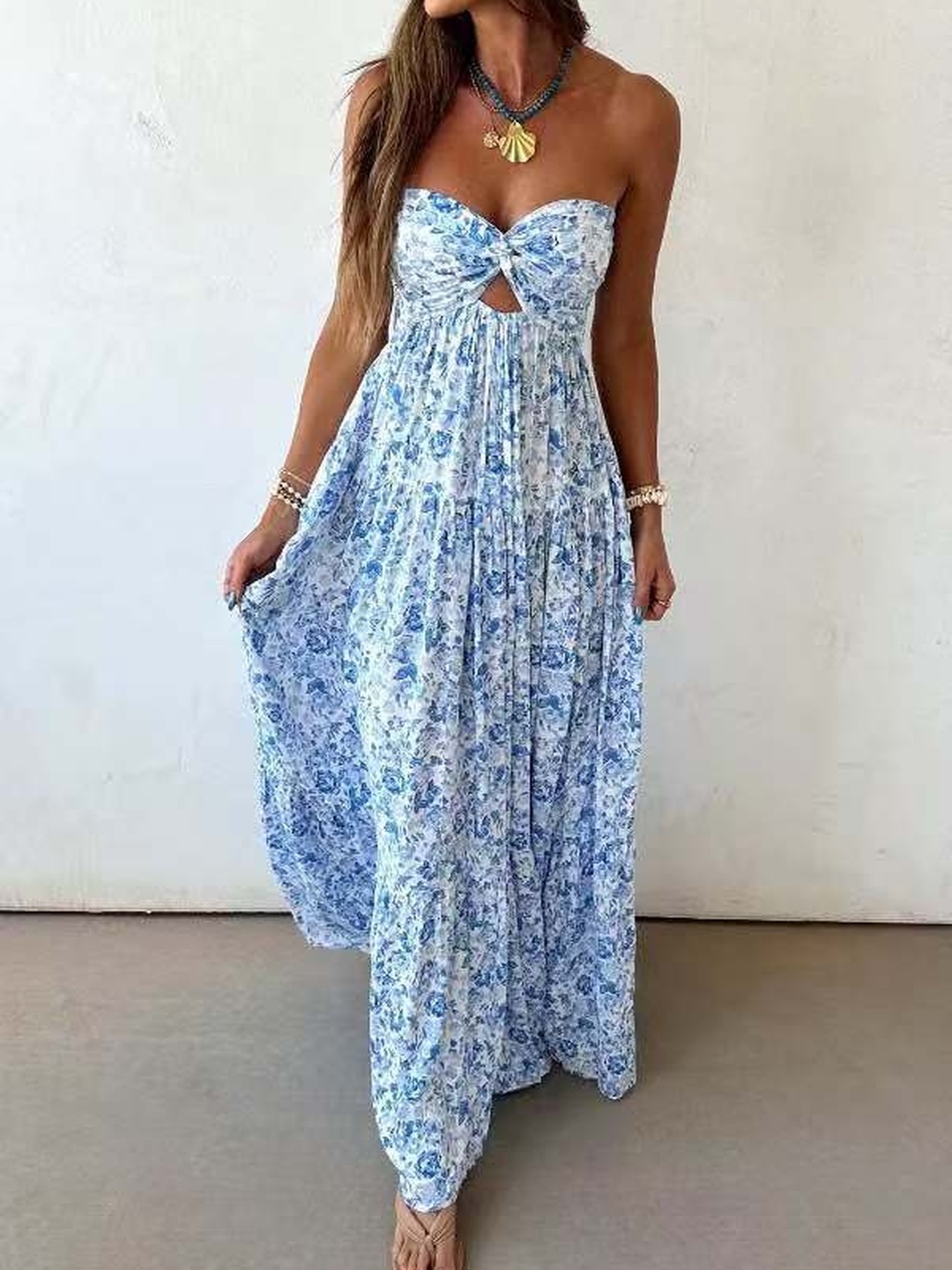Blue Floral Twist-Knot Bandeau Maxi Dress