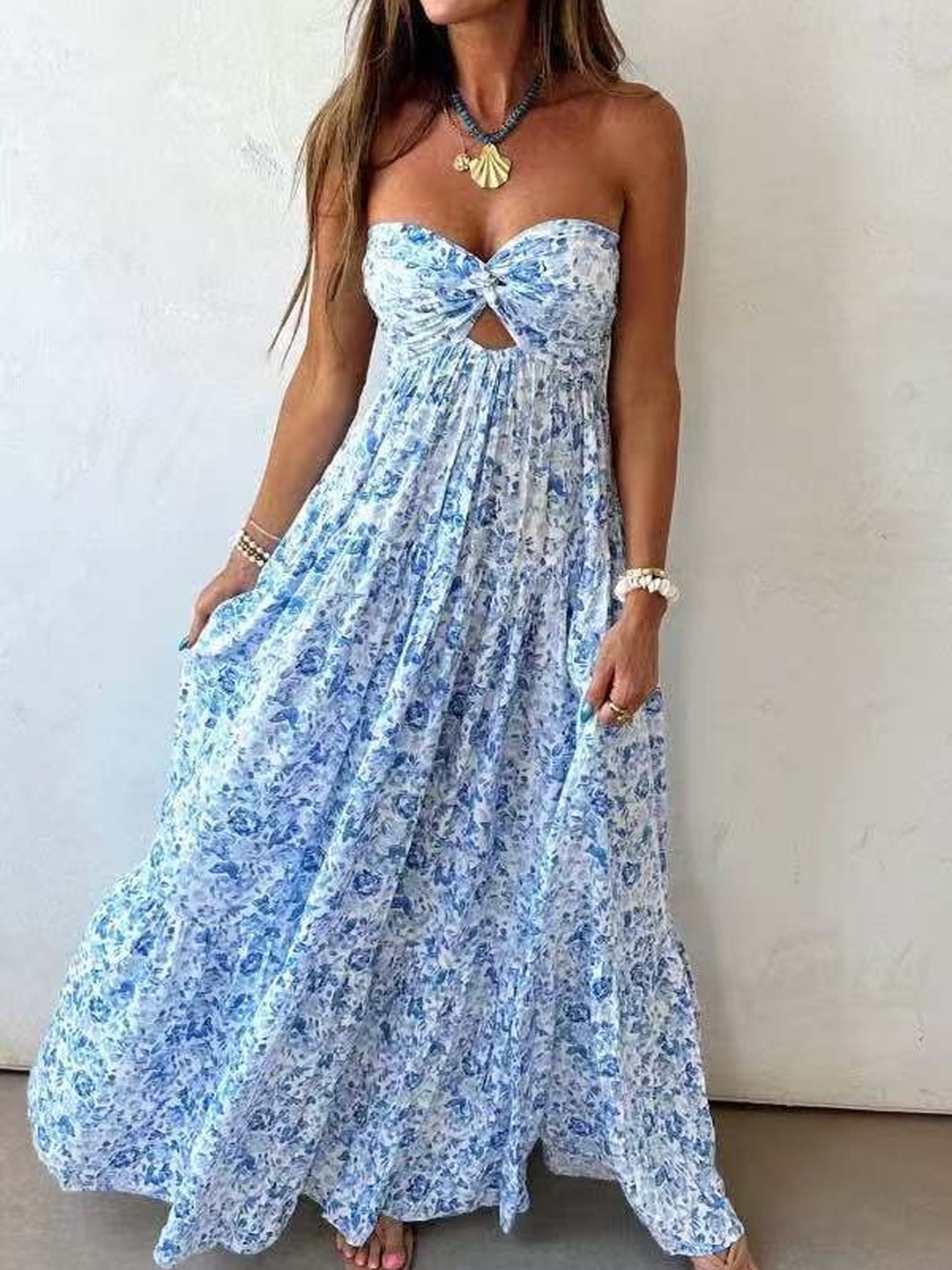 Blue Floral Twist-Knot Bandeau Maxi Dress