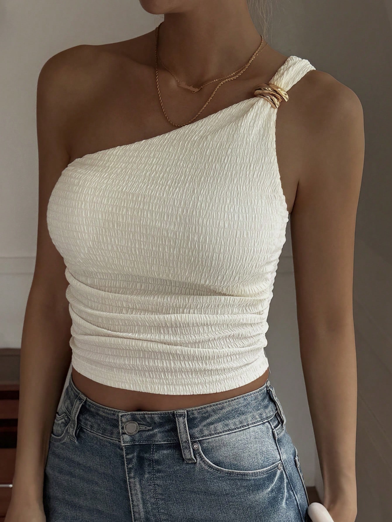 Off-White Shirred One-Shoulder Crop Top
