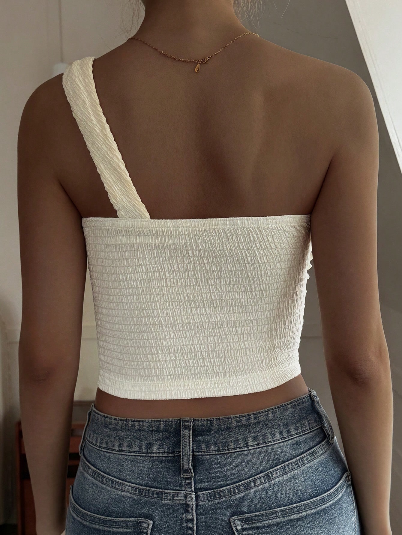 Off-White Shirred One-Shoulder Crop Top