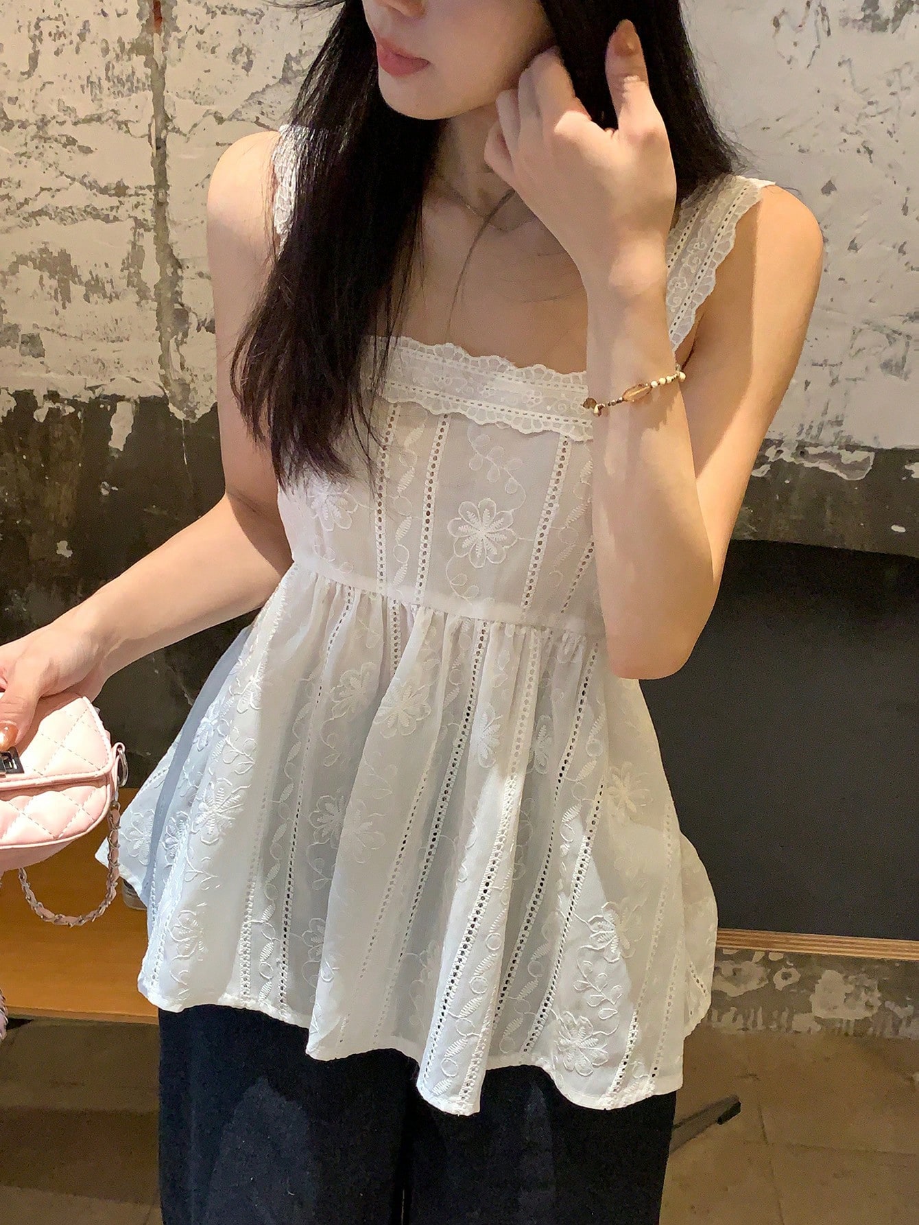 White Embroidered Peplum Sleeveless Top