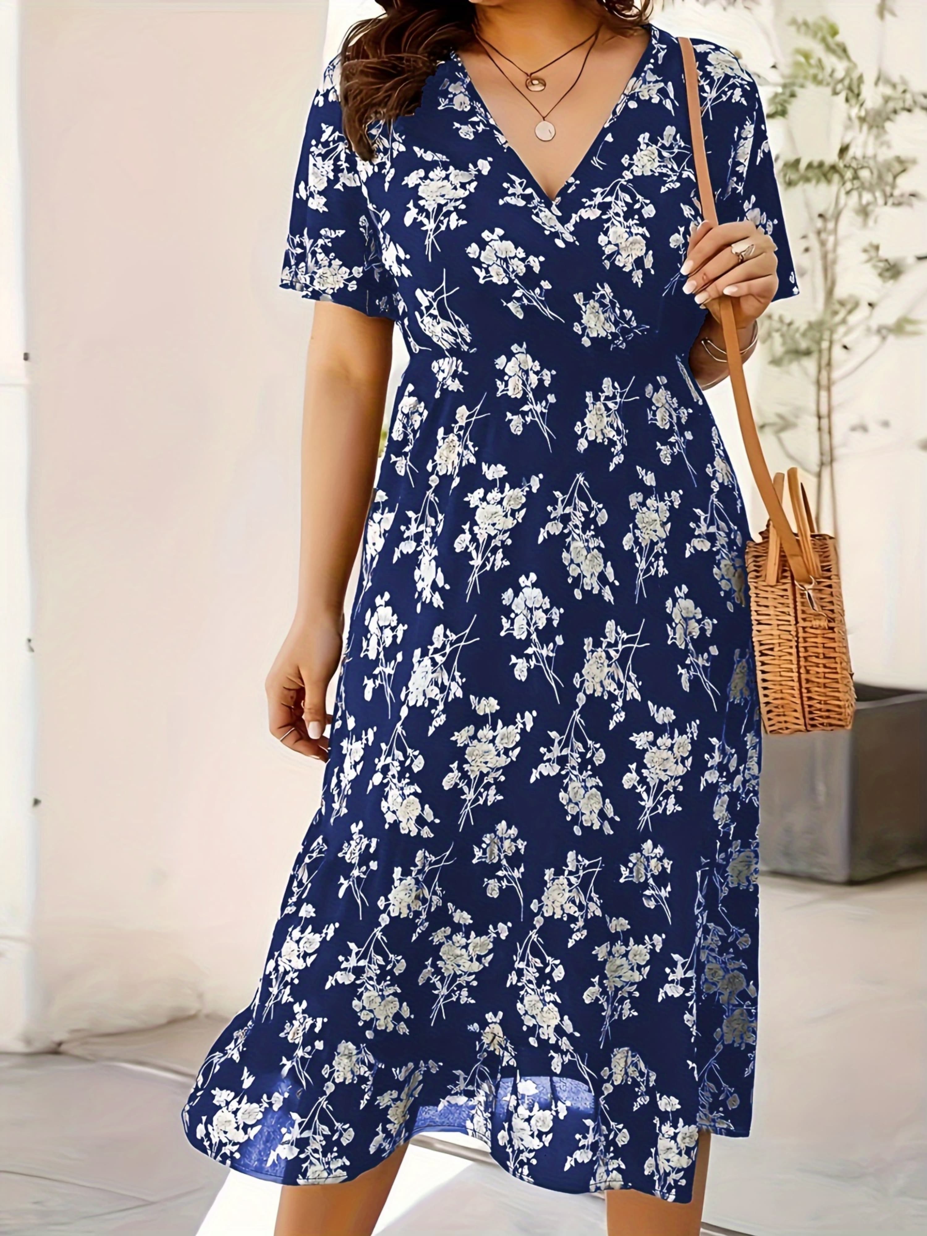 Blue Floral A-Line Midi Dress