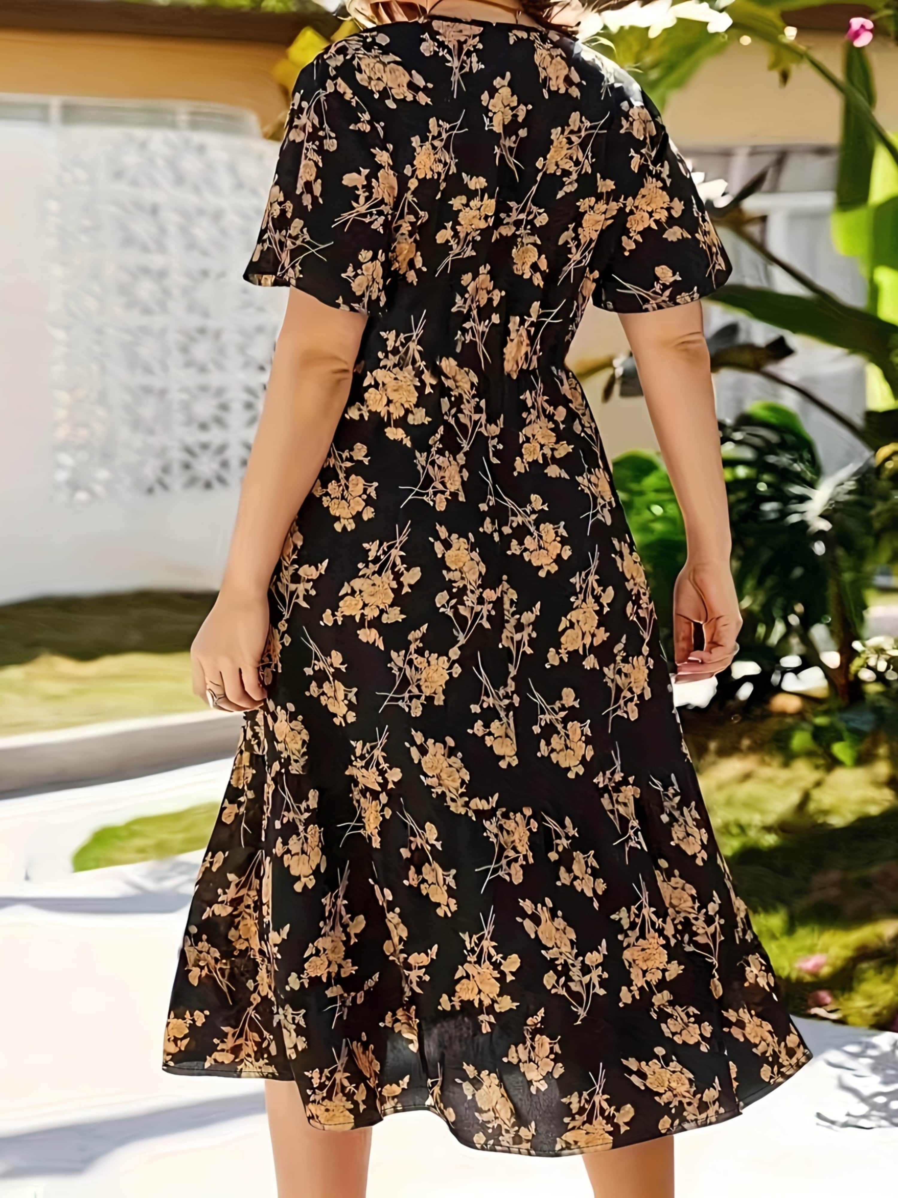 Black Floral A-Line Midi Dress