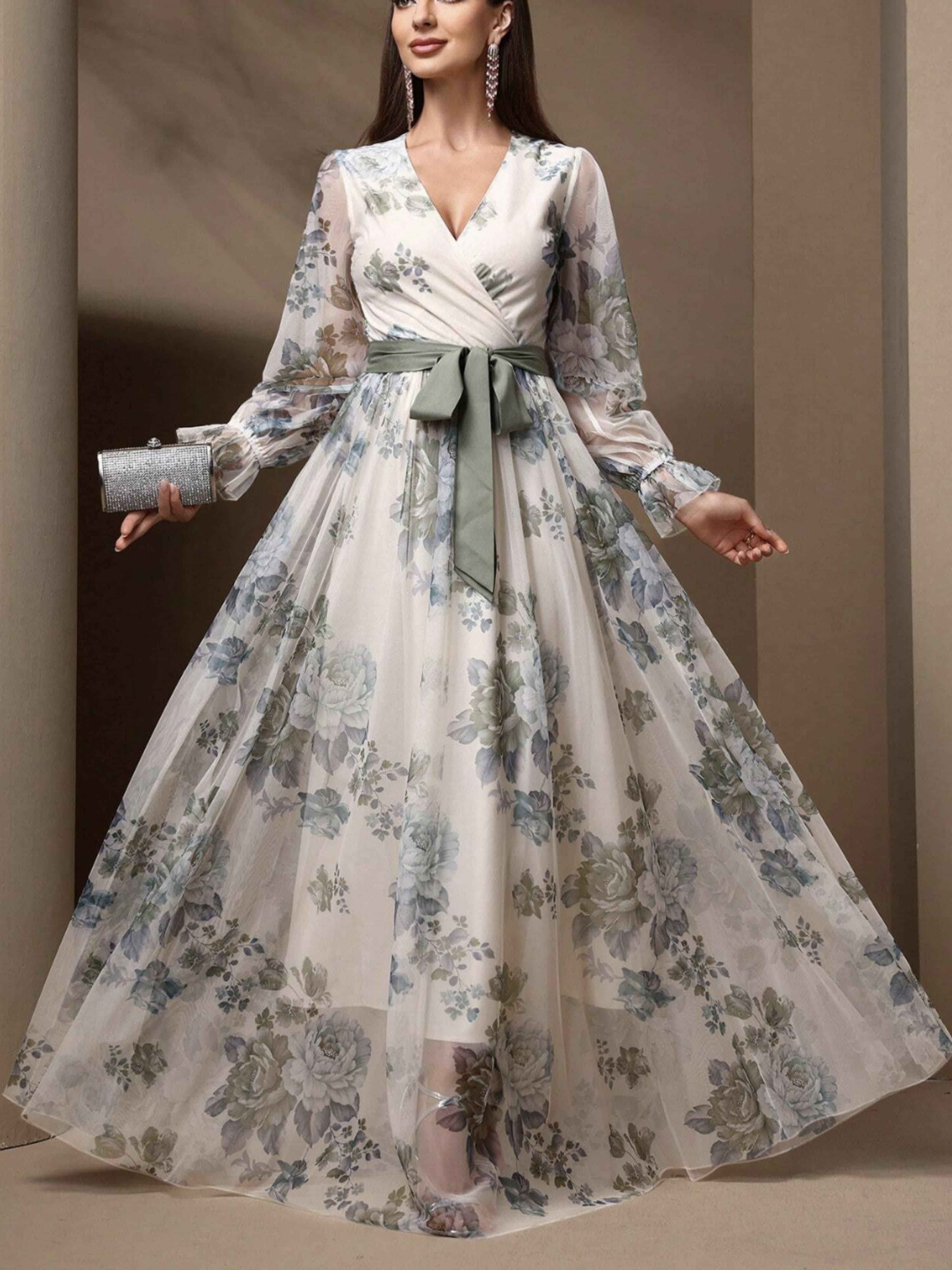 Floral Wrap V Neck Tulle Dress