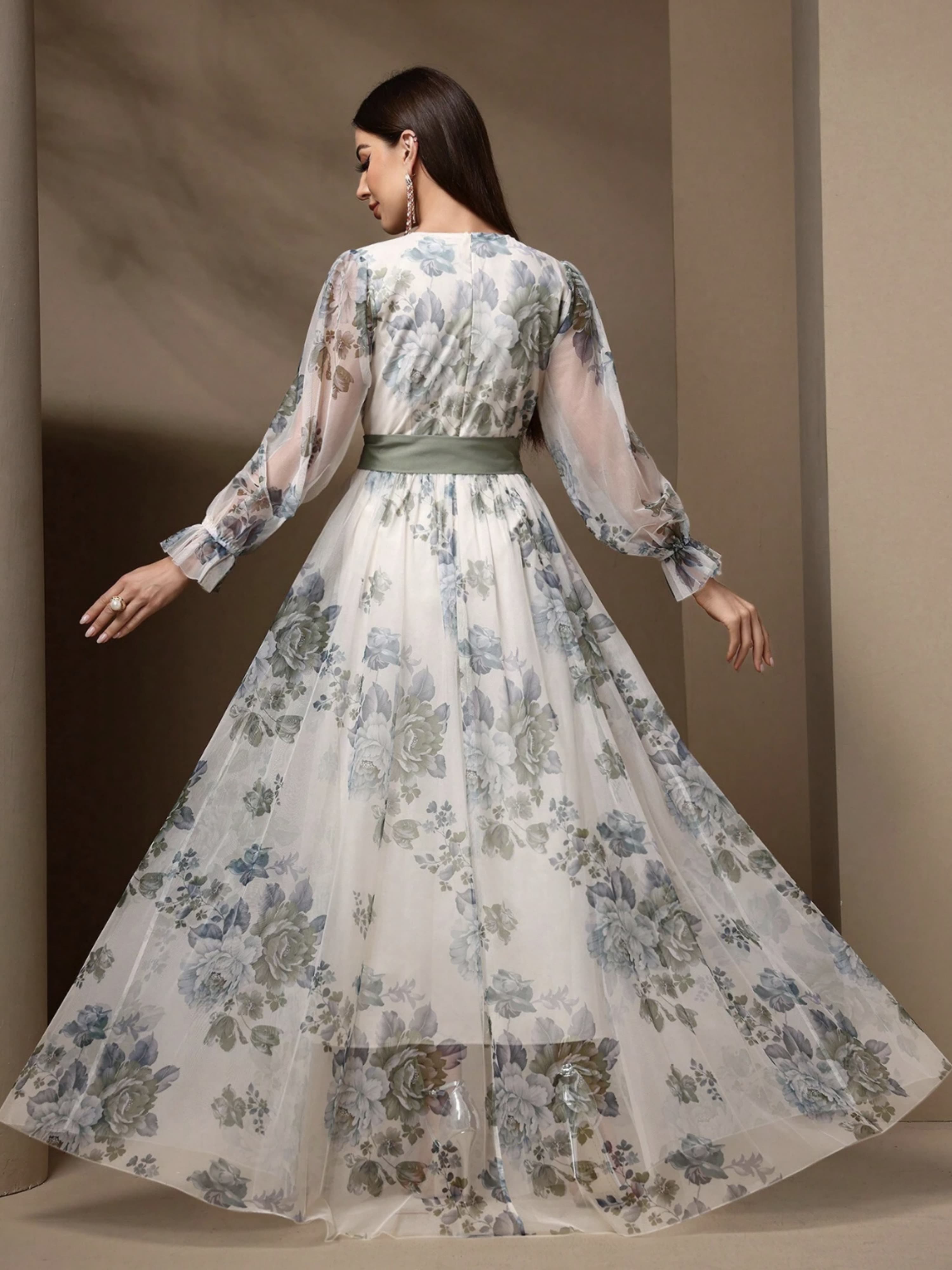 Floral Wrap V Neck Tulle Dress