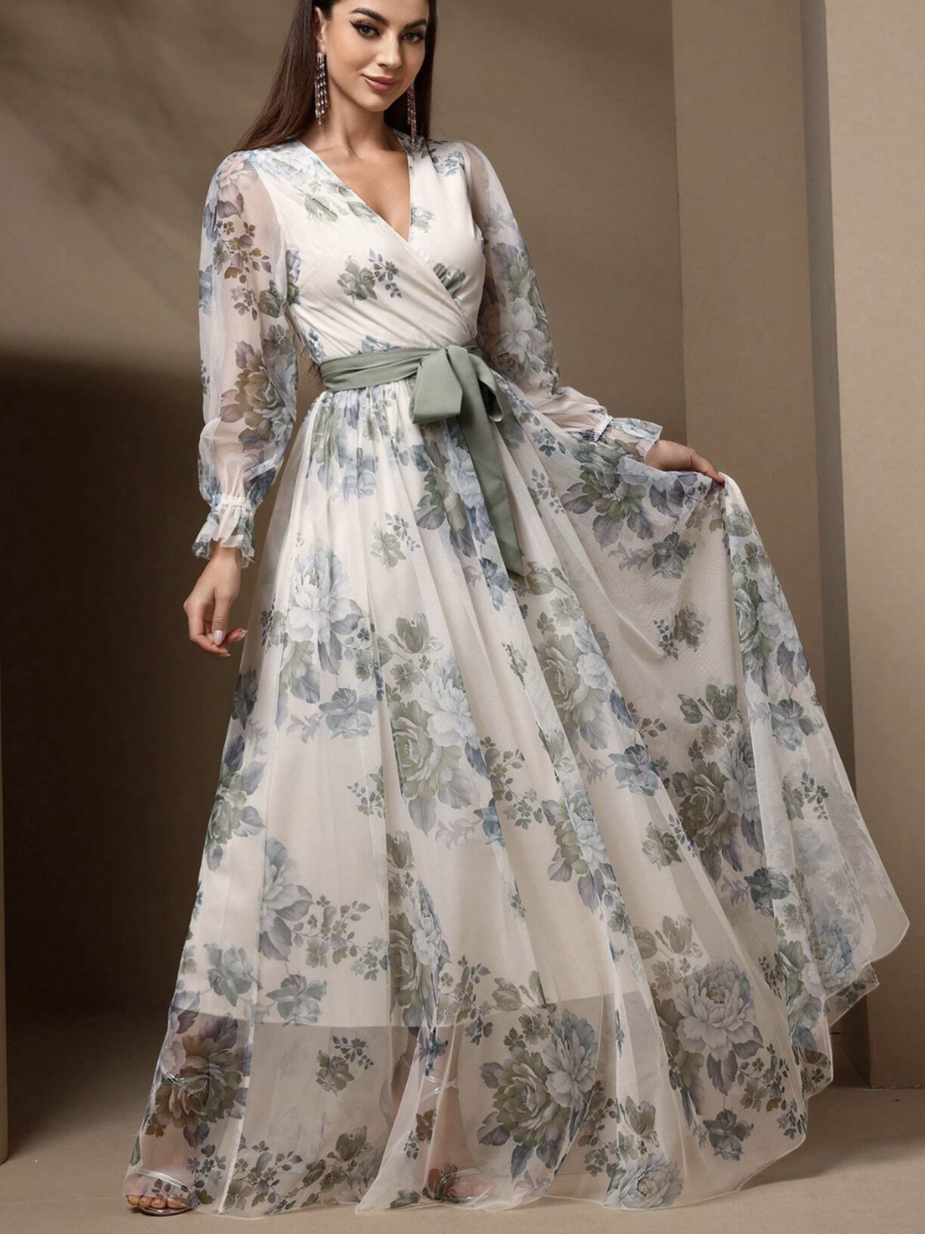 Floral Wrap V Neck Tulle Dress