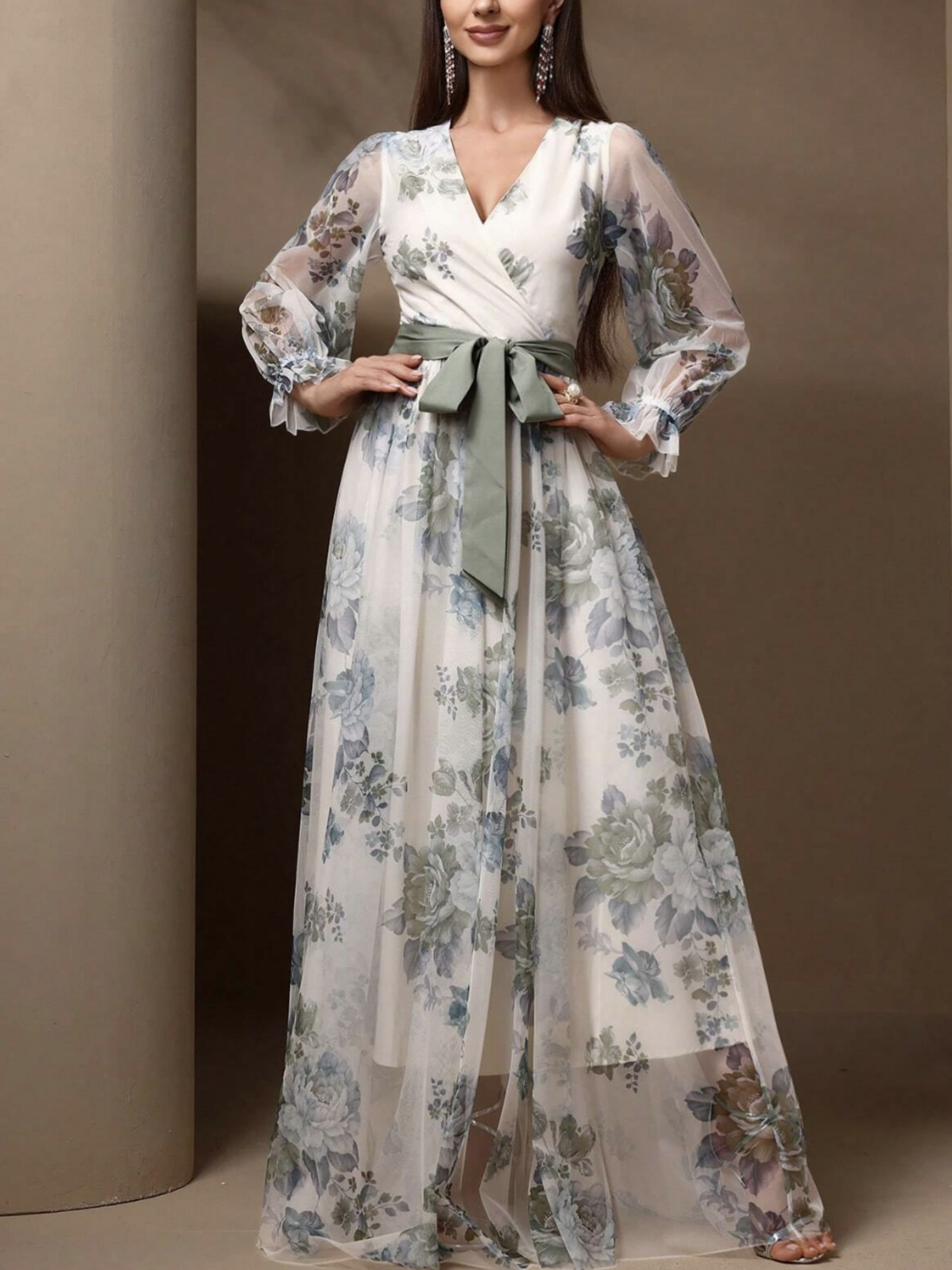 Floral Wrap V Neck Tulle Dress