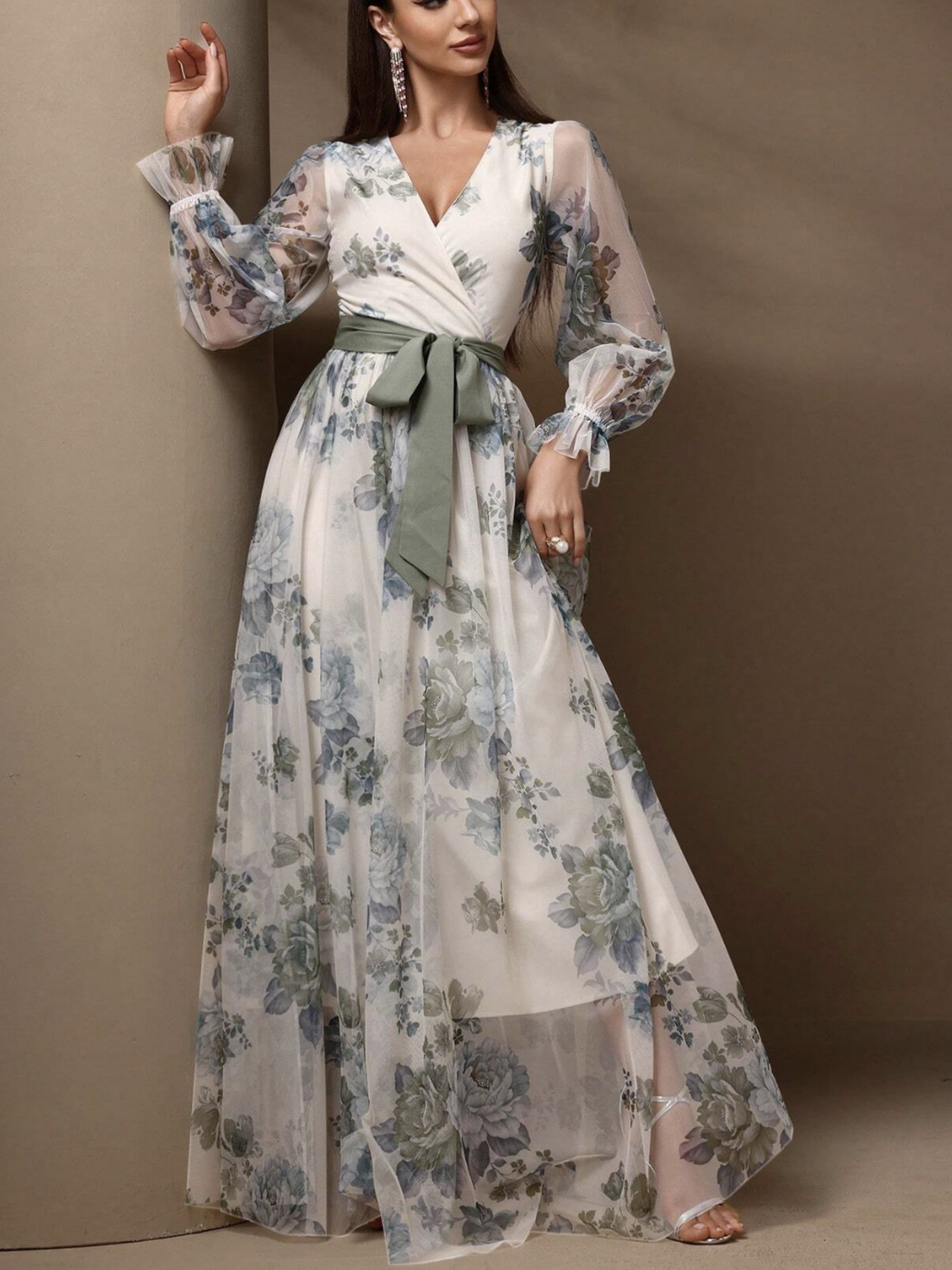 Floral Wrap V Neck Tulle Dress
