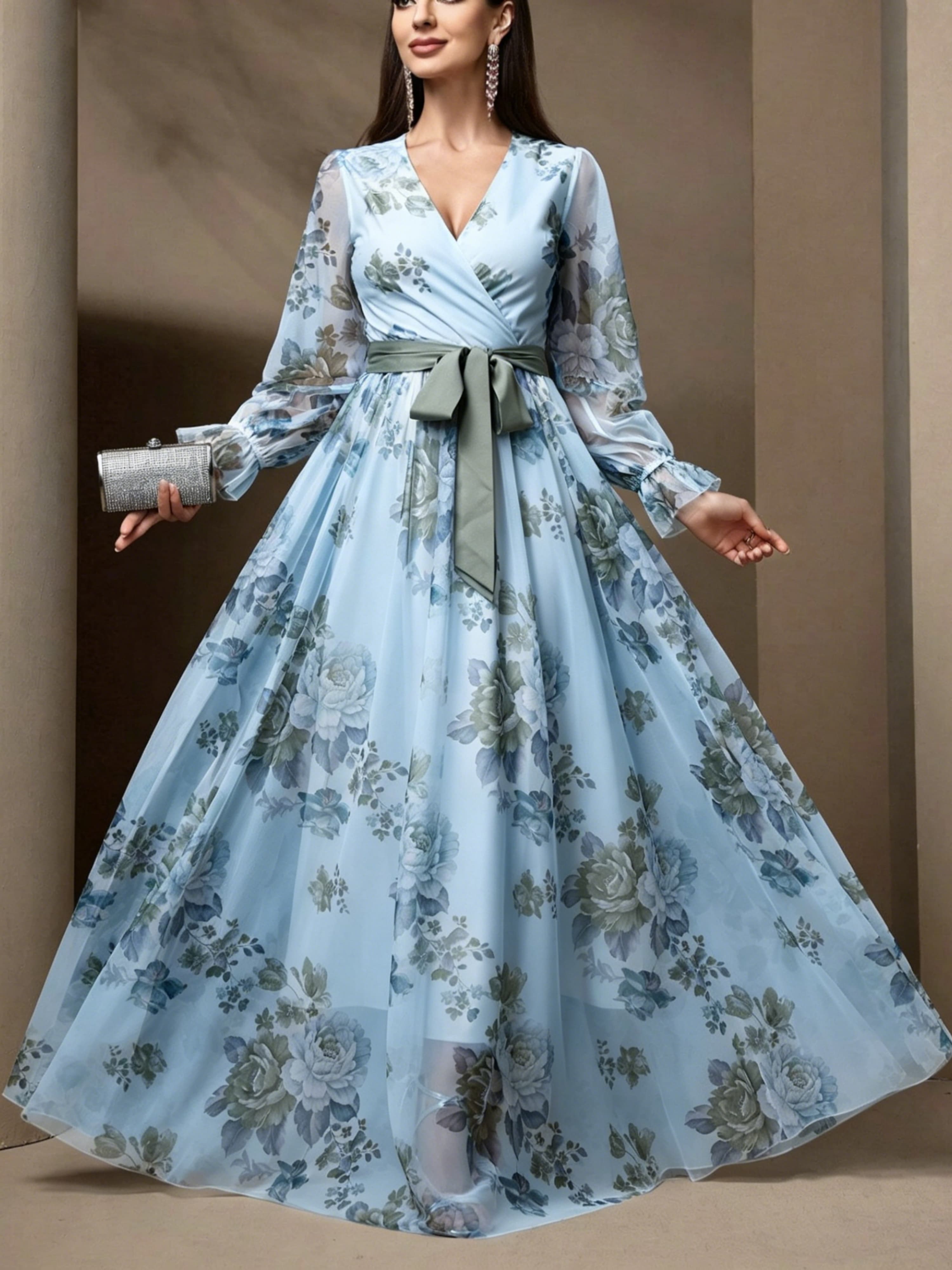 Light Blue Floral Wrap V Neck Tulle Dress