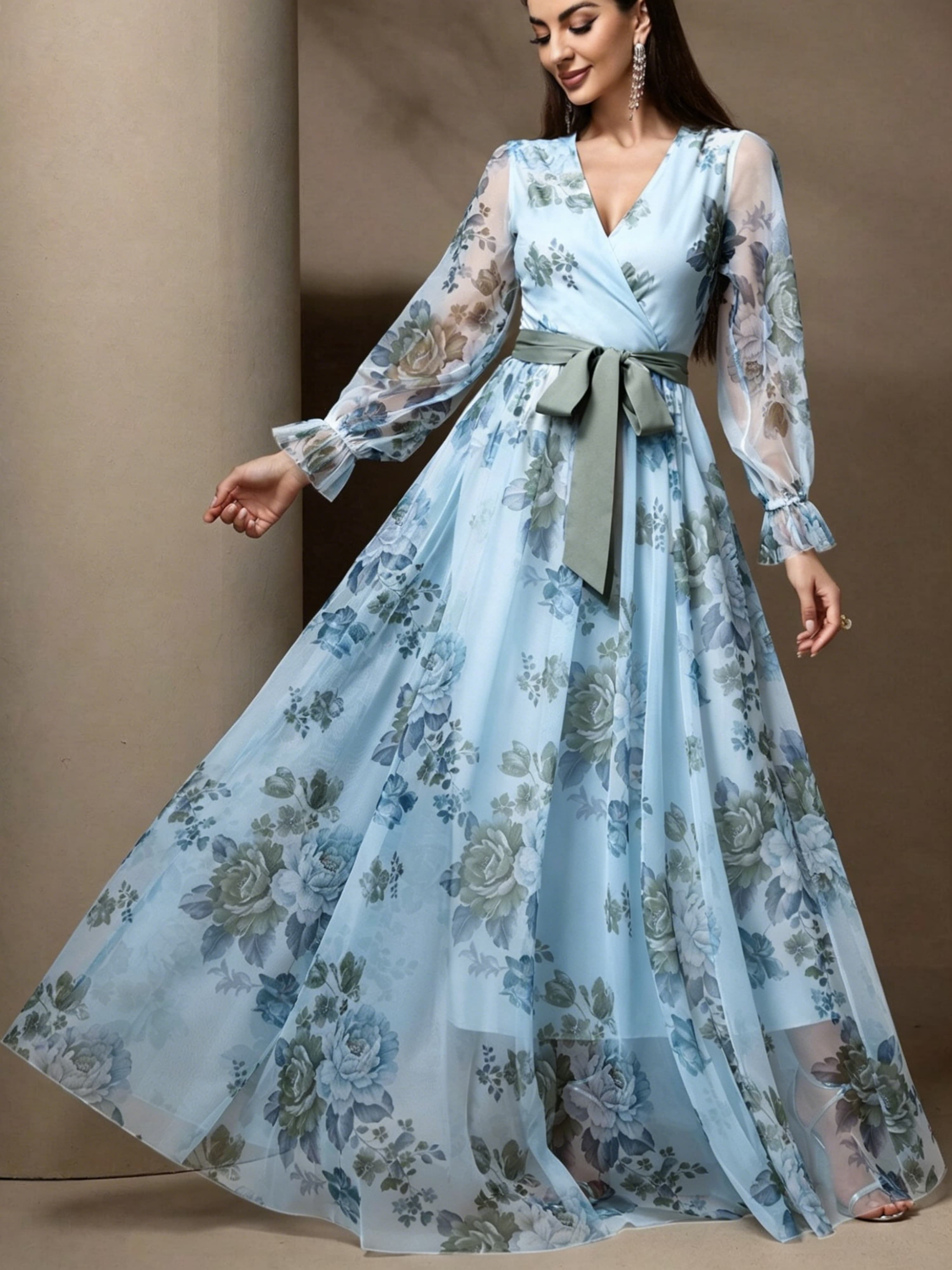 Light Blue Floral Wrap V Neck Tulle Dress