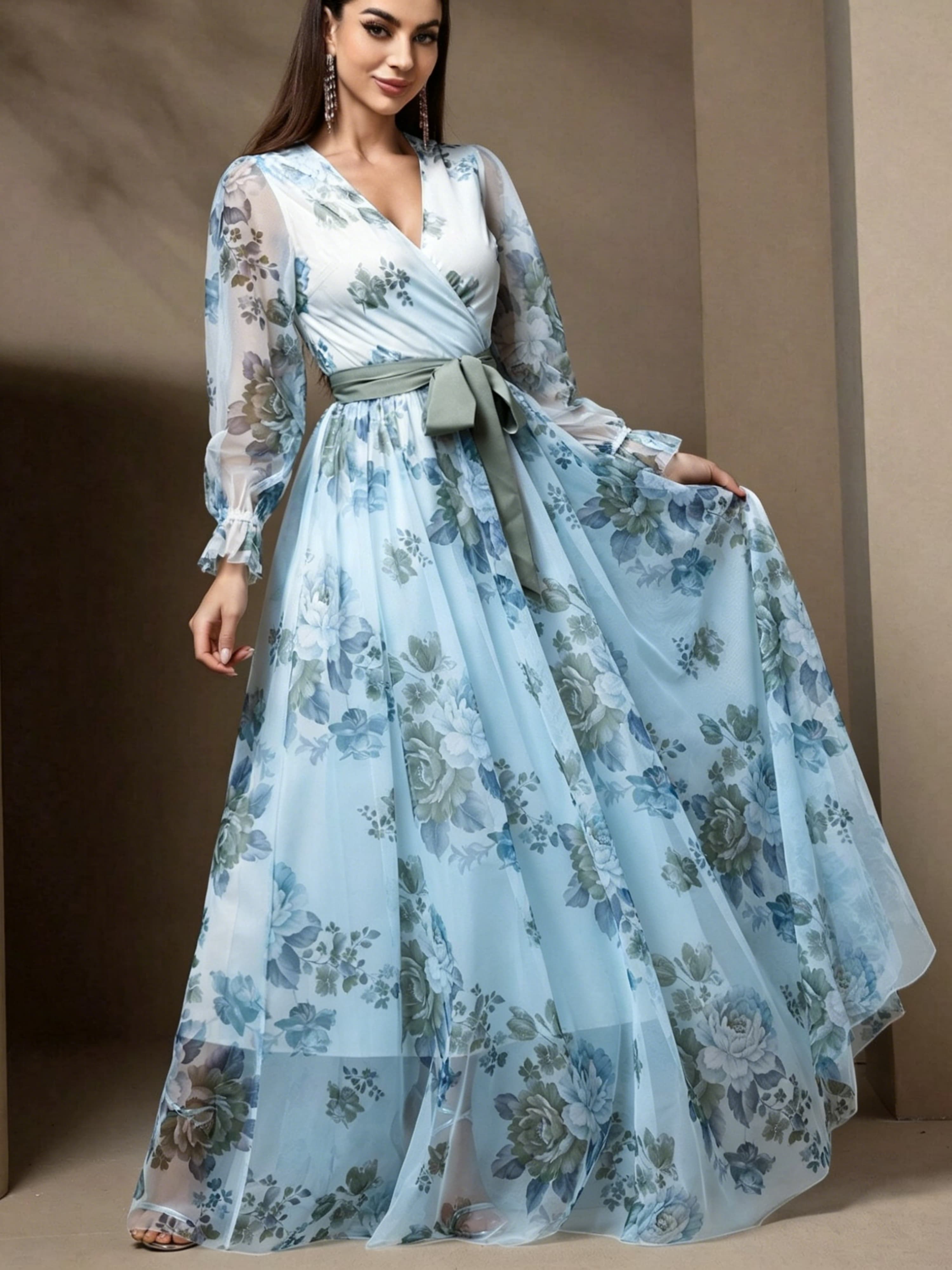 Light Blue Floral Wrap V Neck Tulle Dress