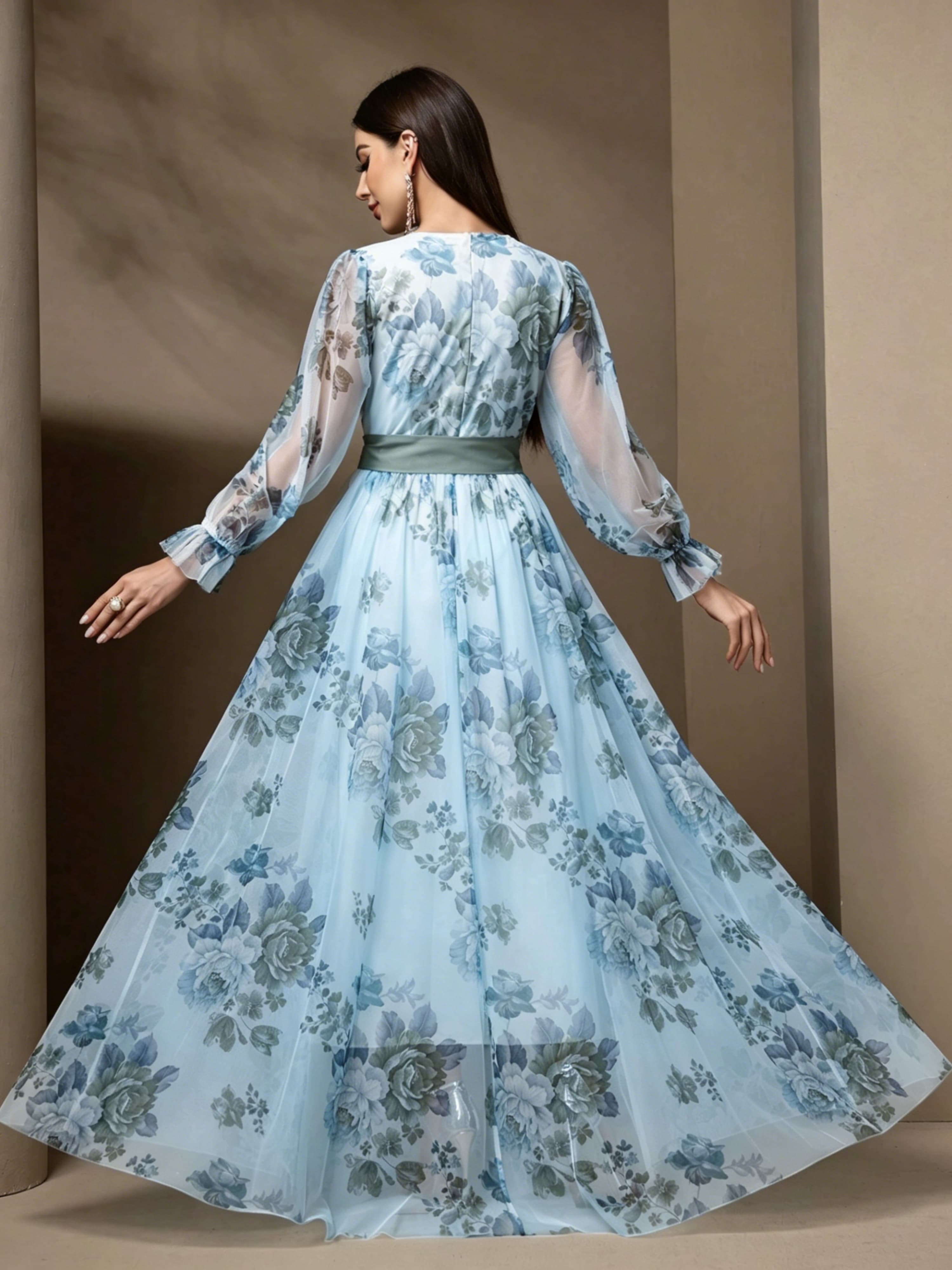 Light Blue Floral Wrap V Neck Tulle Dress