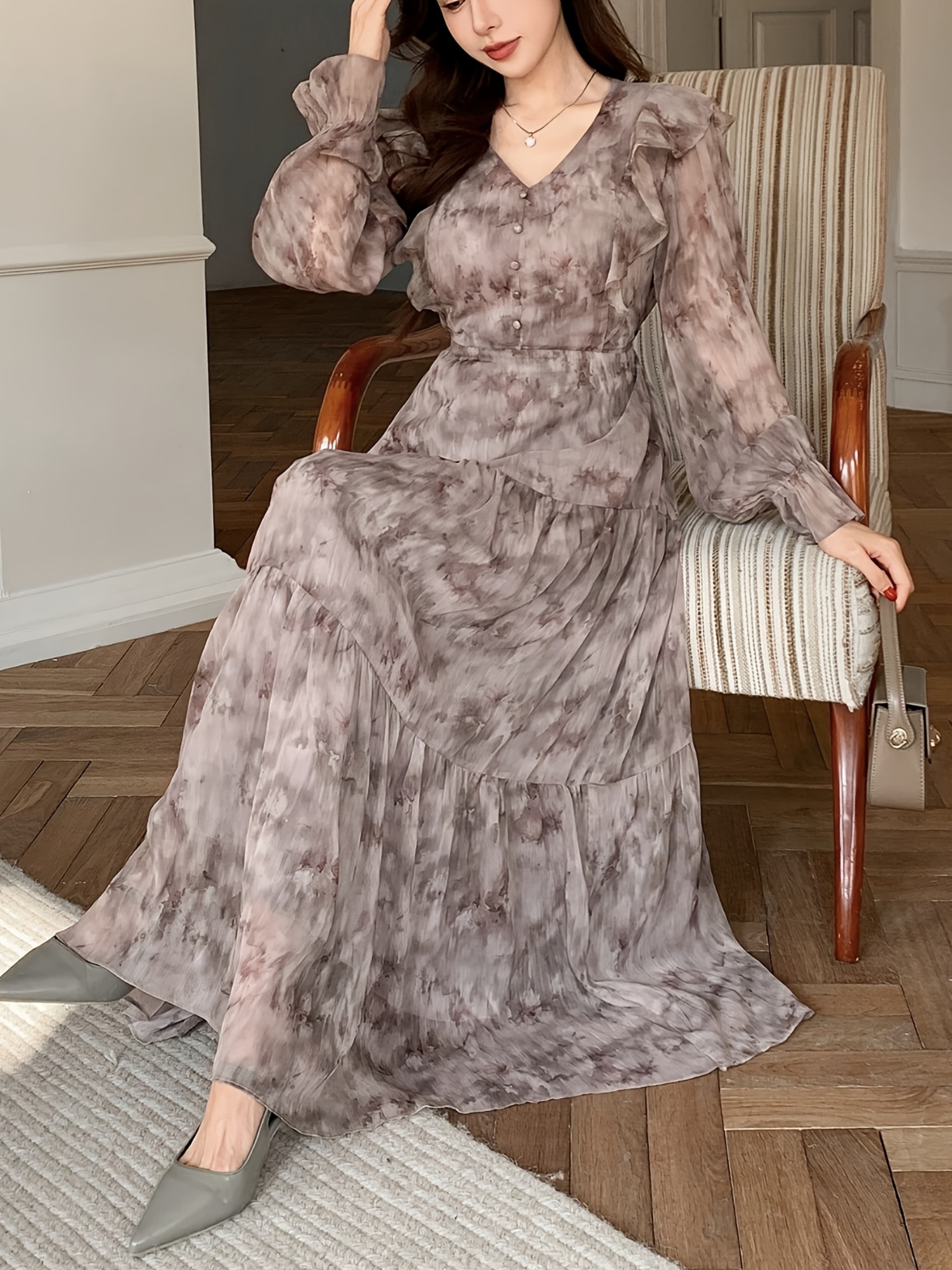 Tie Dye Ink Floral Ruffle V Neck Long Sleeve Tiered Chiffon Maxi Dress