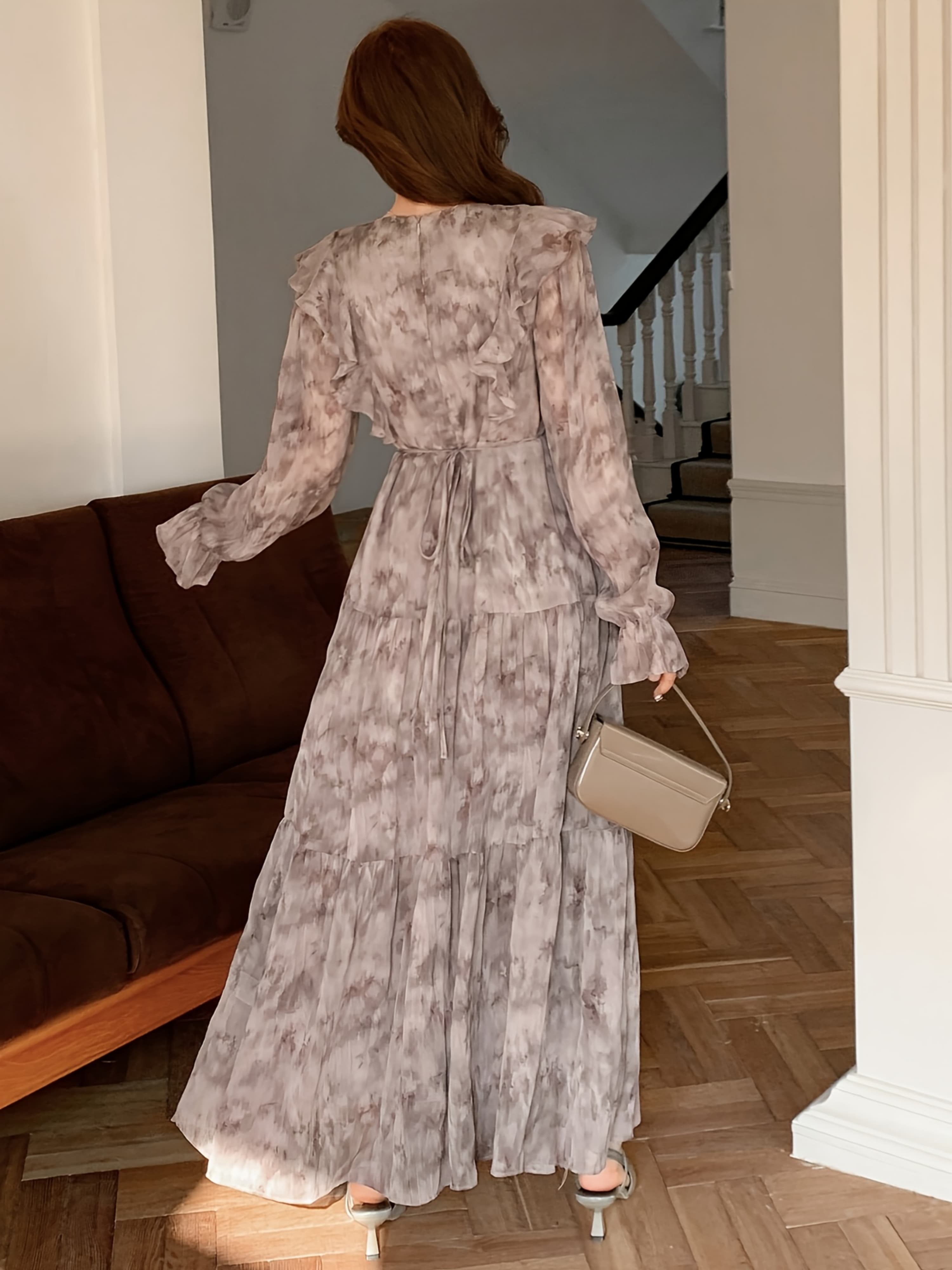 Tie Dye Ink Floral Ruffle V Neck Long Sleeve Tiered Chiffon Maxi Dress