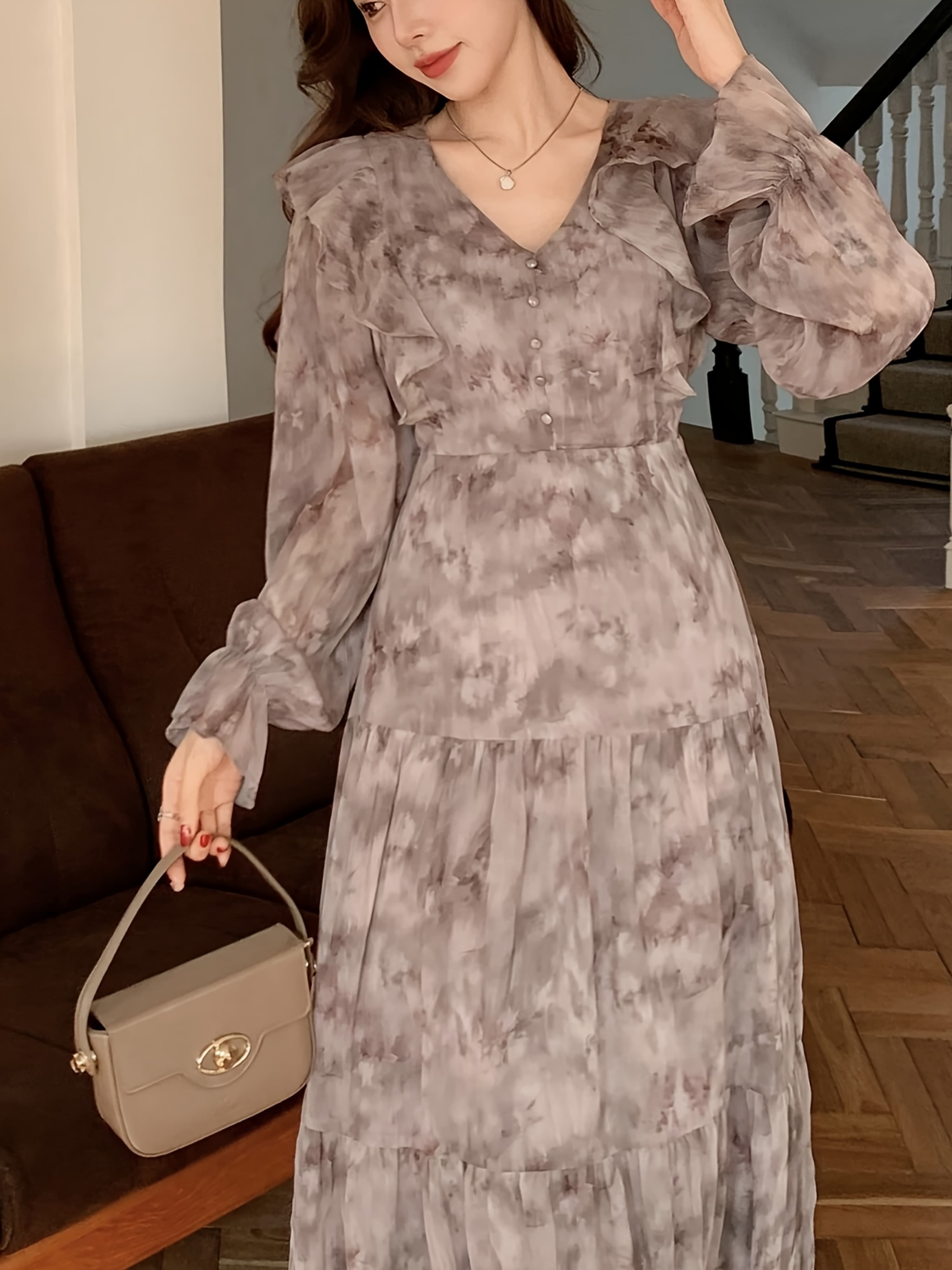 Tie Dye Ink Floral Ruffle V Neck Long Sleeve Tiered Chiffon Maxi Dress