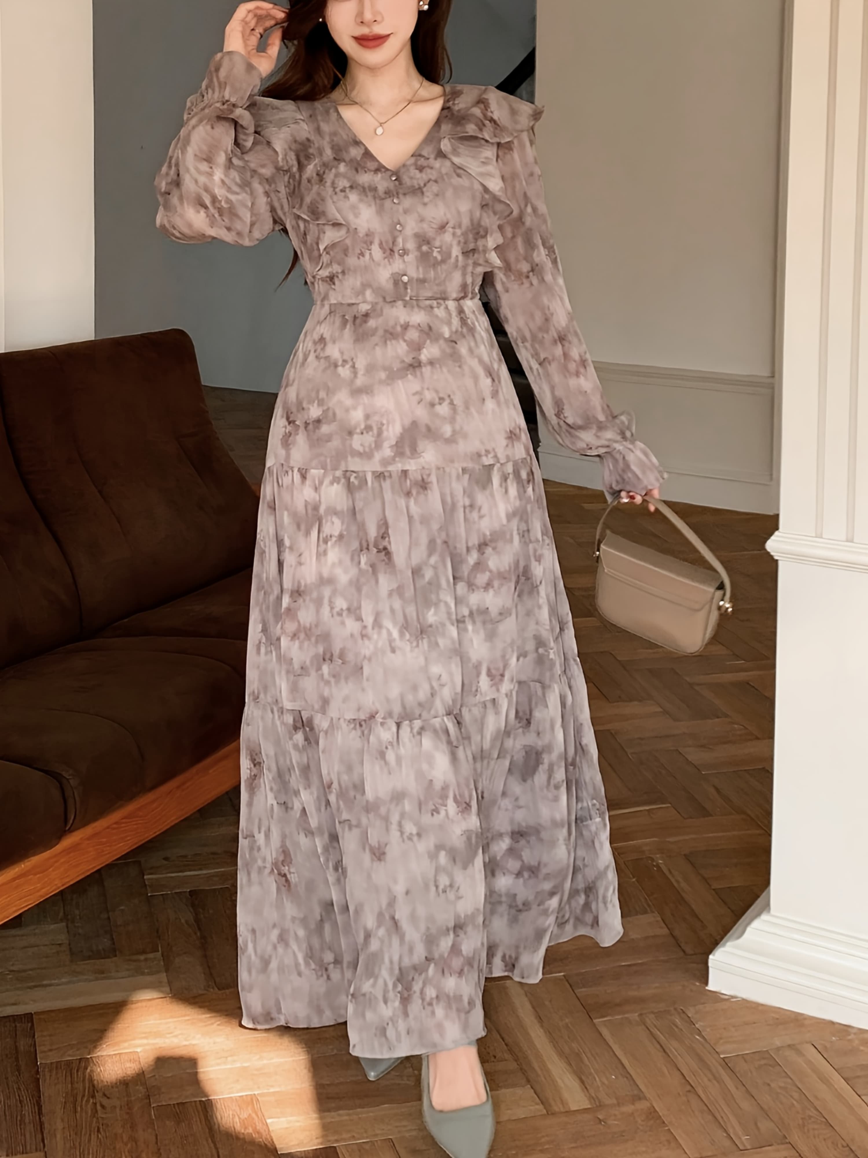 Tie Dye Ink Floral Ruffle V Neck Long Sleeve Tiered Chiffon Maxi Dress