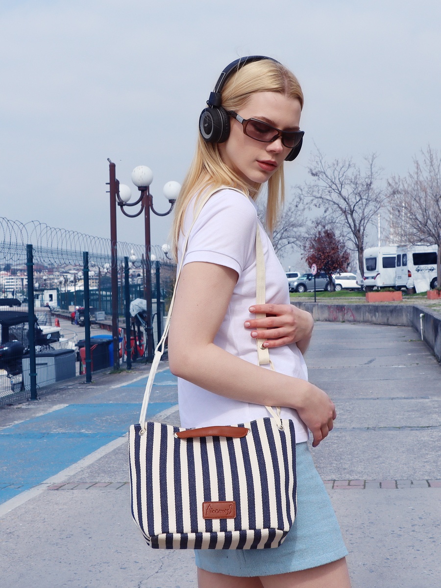 Navy Blue Striped Crossbody Travel Bag