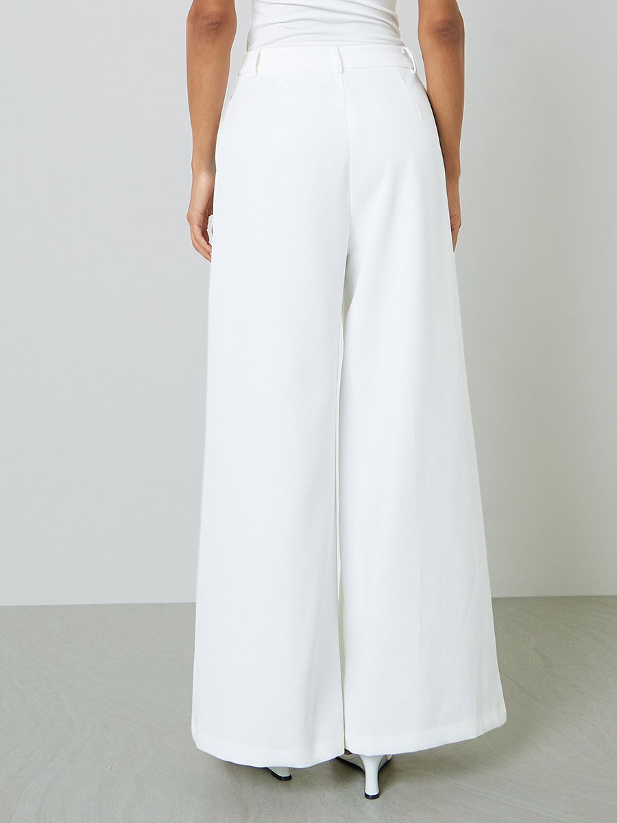White Wide-Leg Trousers with Pleats