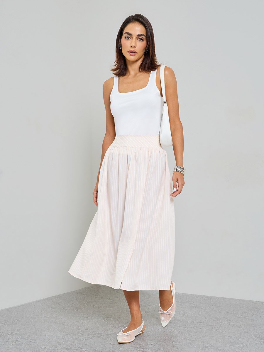 Womens Beige A-Line Midi Skirt