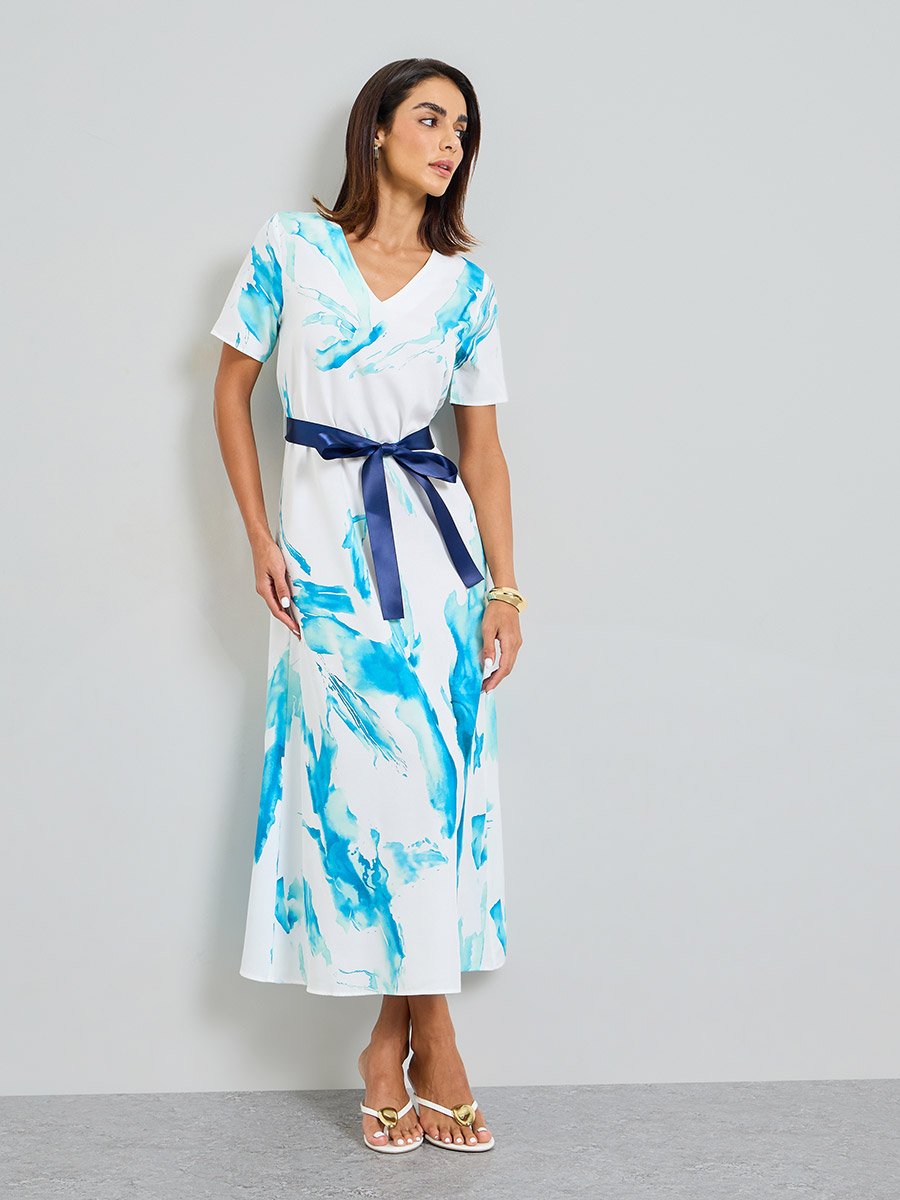 Abstract Print A-Line Maxi Dress with Belt