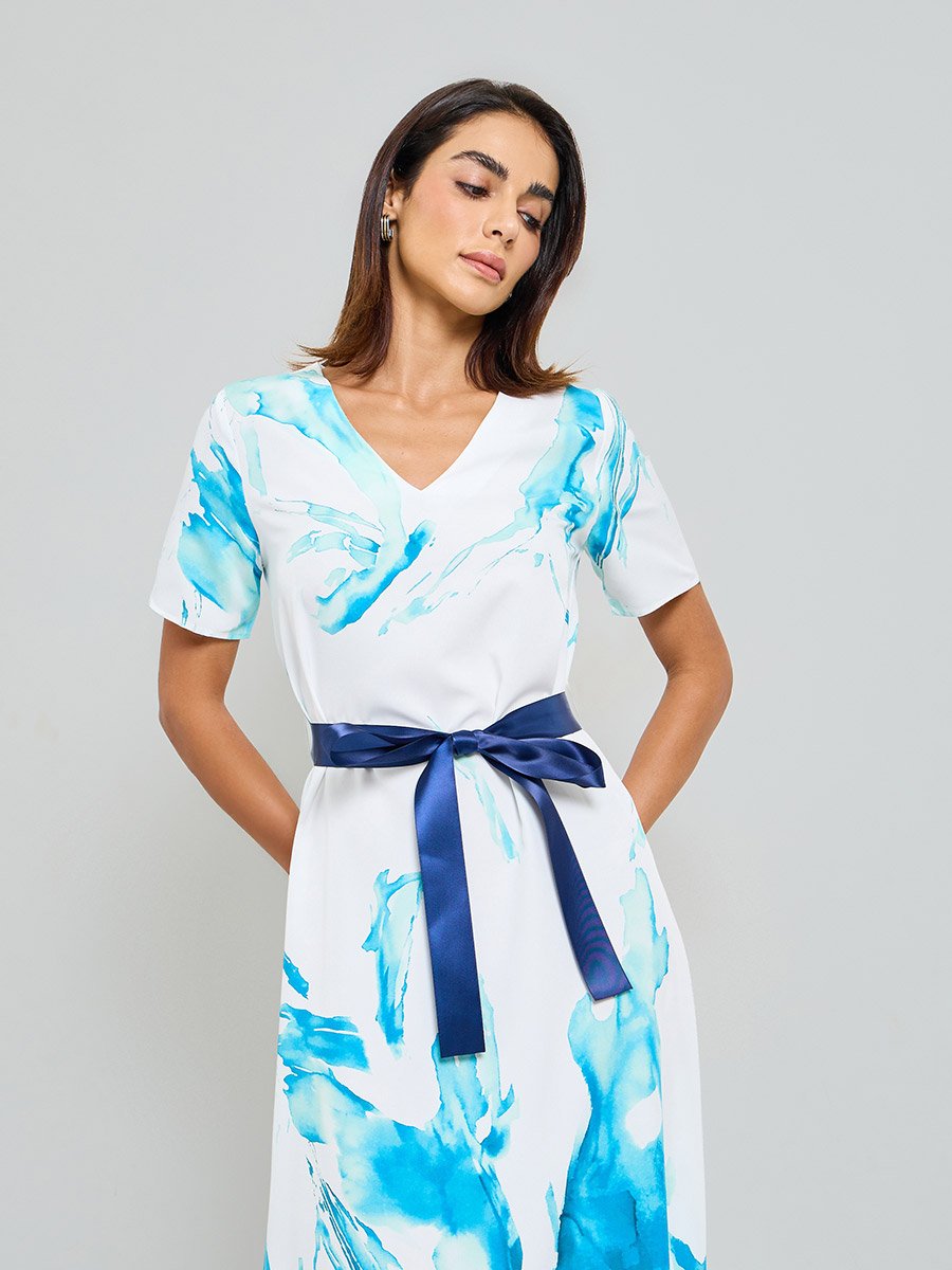 Abstract Print A-Line Maxi Dress with Belt