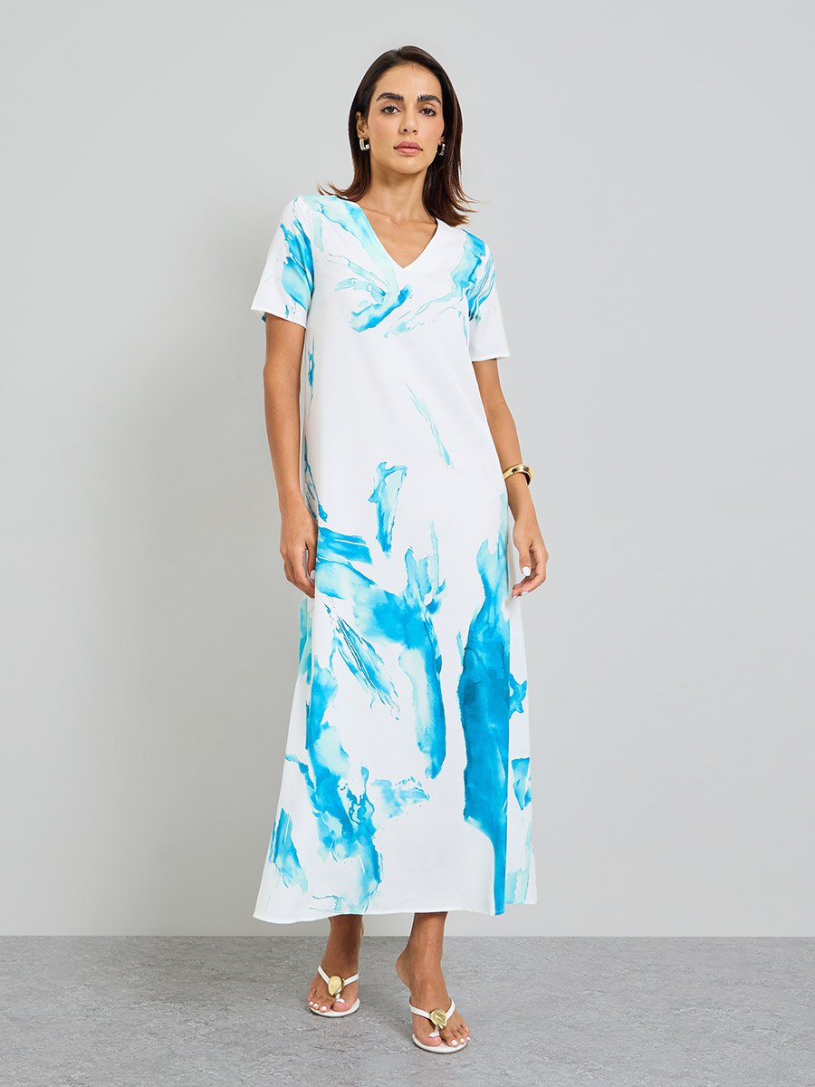 Abstract Print A-Line Maxi Dress with Belt