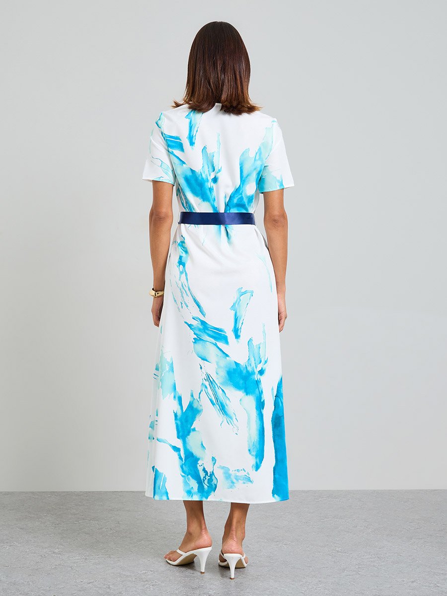 Abstract Print A-Line Maxi Dress with Belt