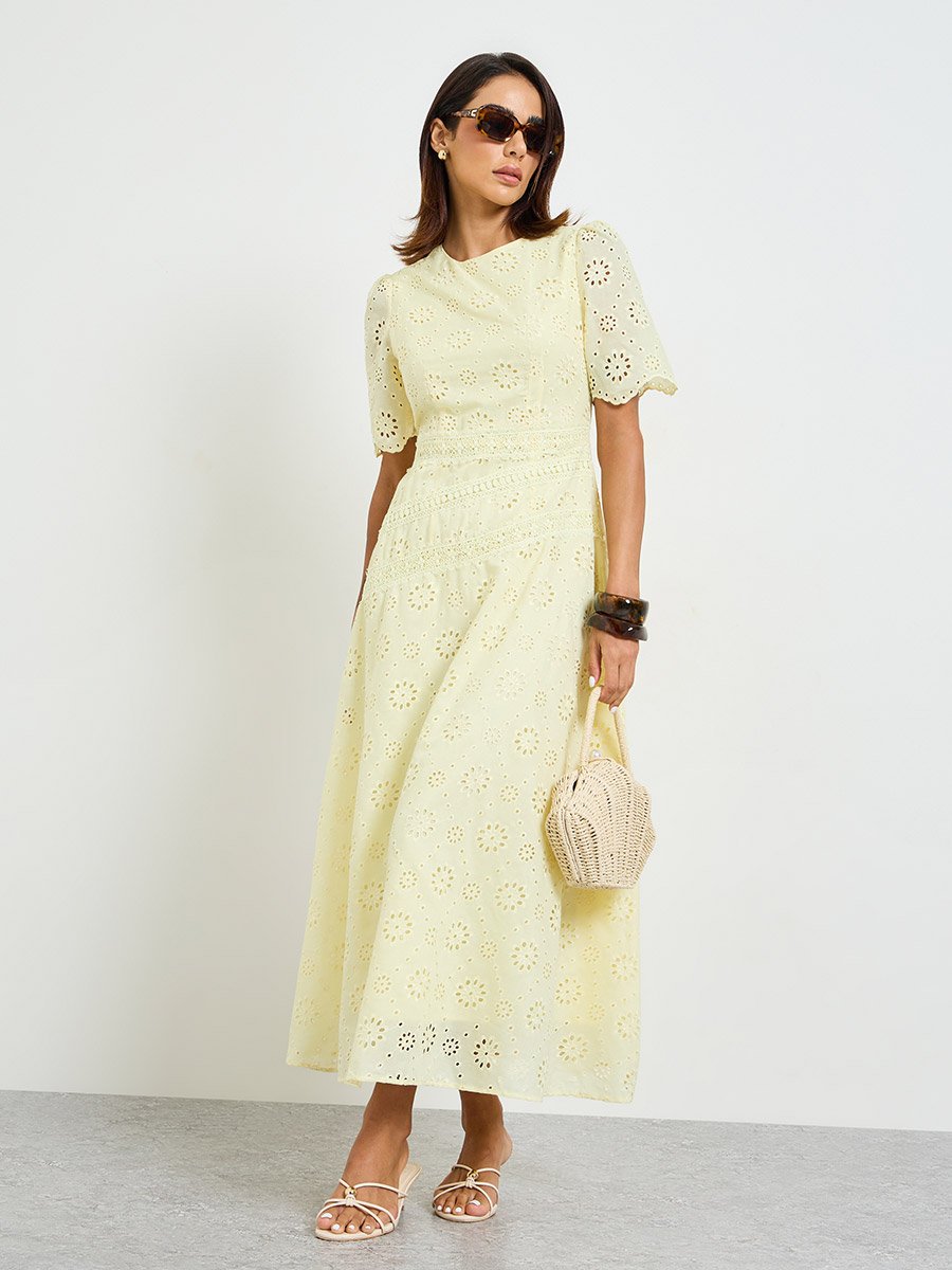 Yellow Embroidered A-Line Maxi Dress with Short Sleeves