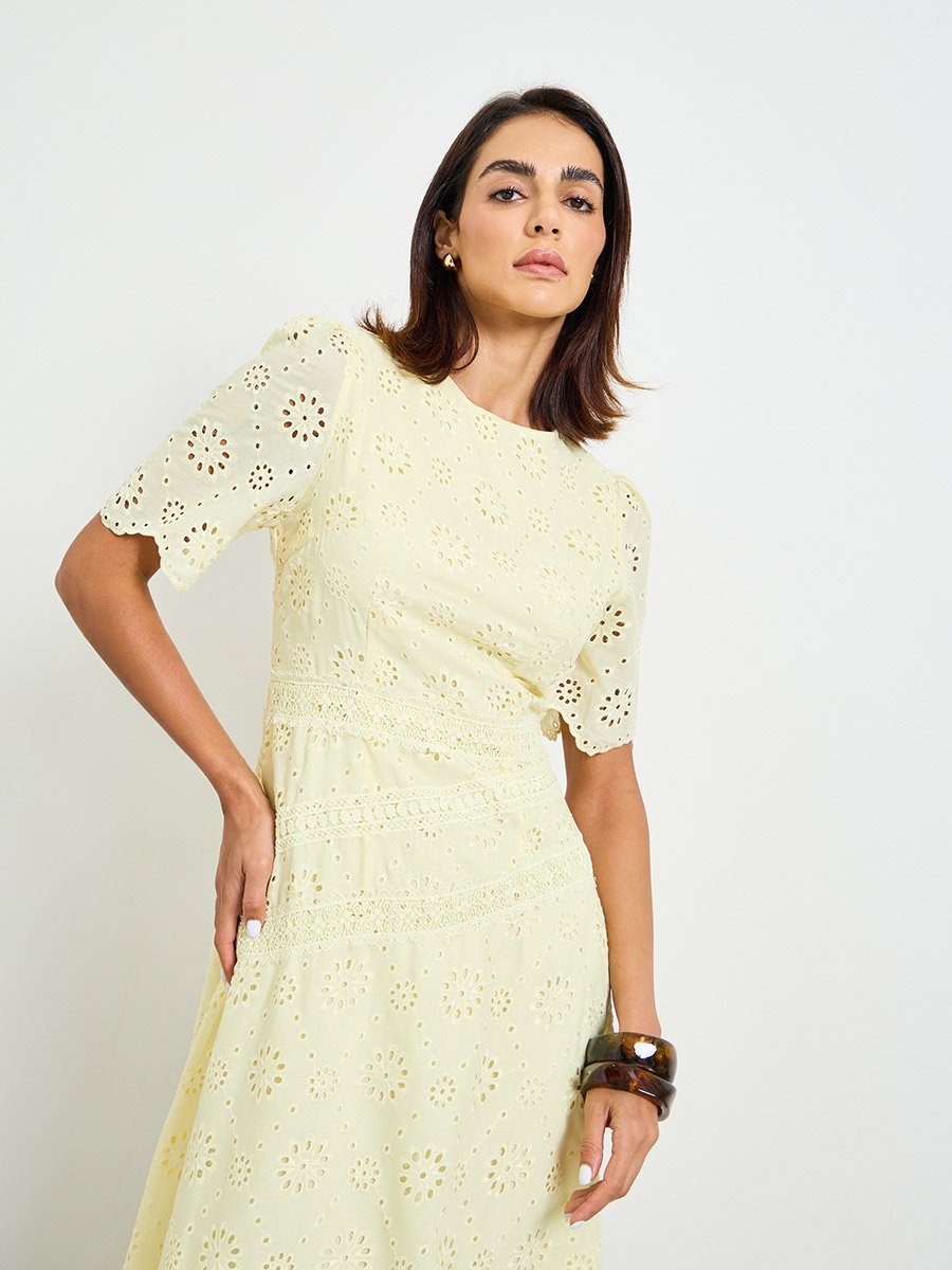 Yellow Embroidered A-Line Maxi Dress with Short Sleeves
