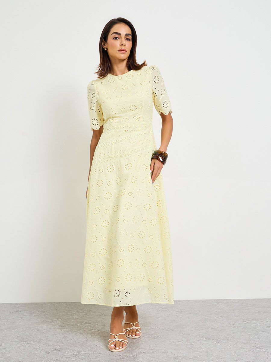 Yellow Embroidered A-Line Maxi Dress with Short Sleeves