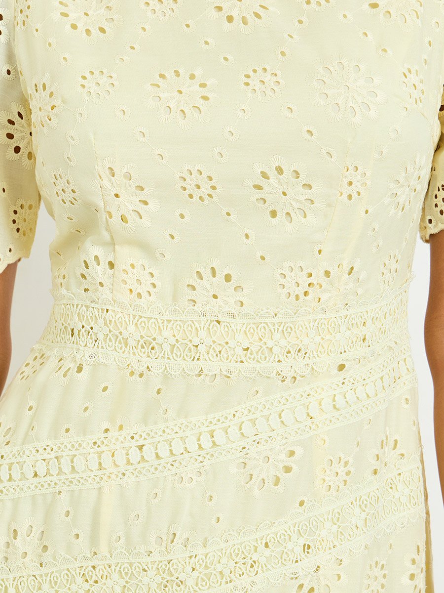 Yellow Embroidered A-Line Maxi Dress with Short Sleeves