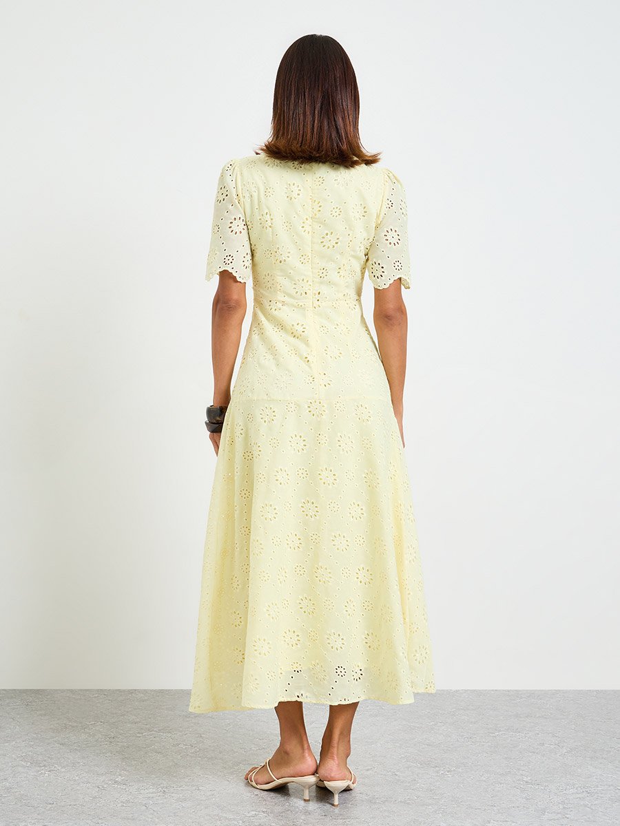 Yellow Embroidered A-Line Maxi Dress with Short Sleeves