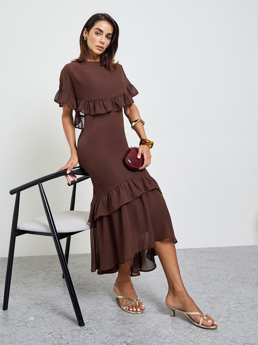 Brown Texture Round Neck A-Line Maxi Dress