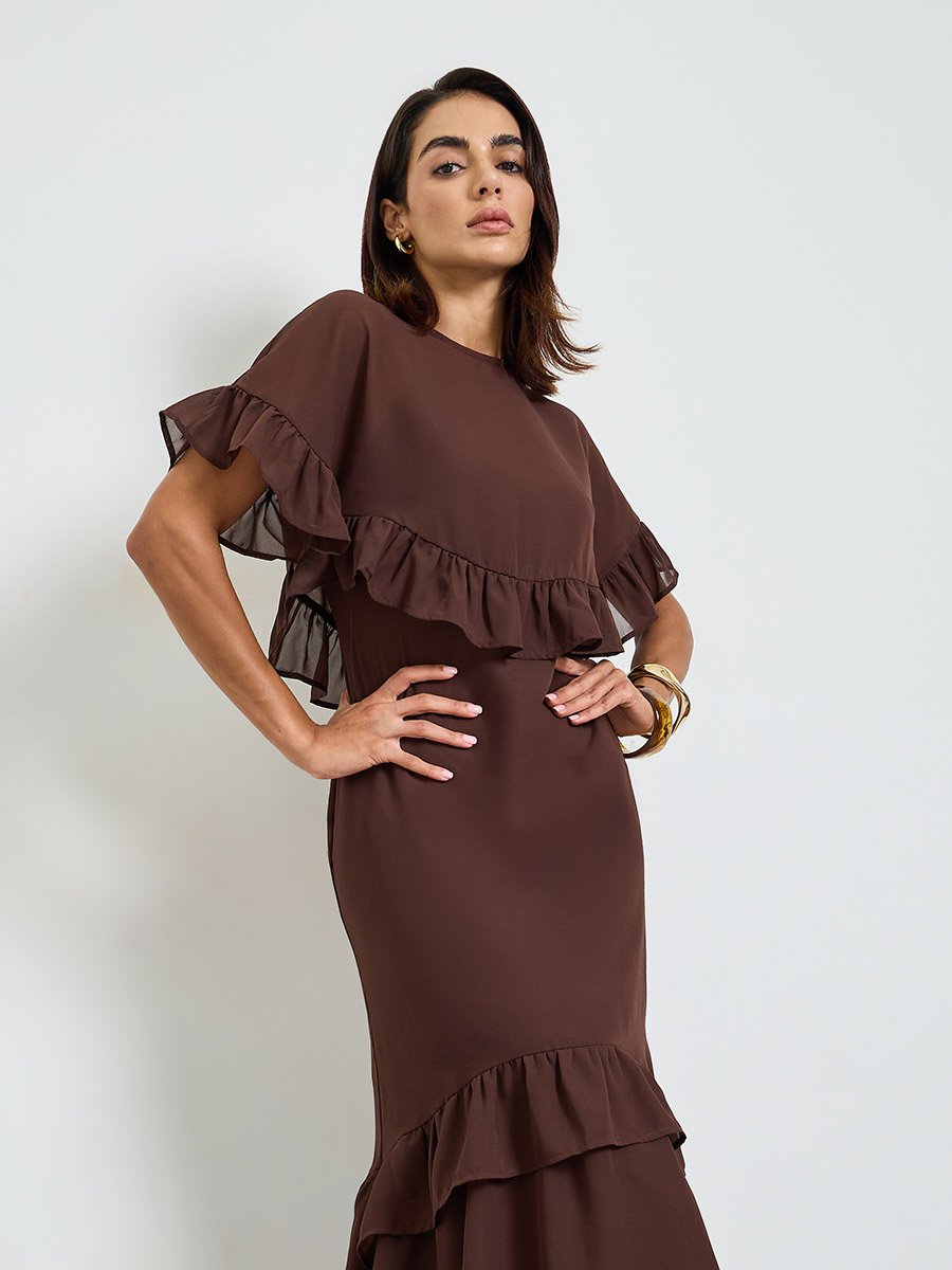 Brown Texture Round Neck A-Line Maxi Dress