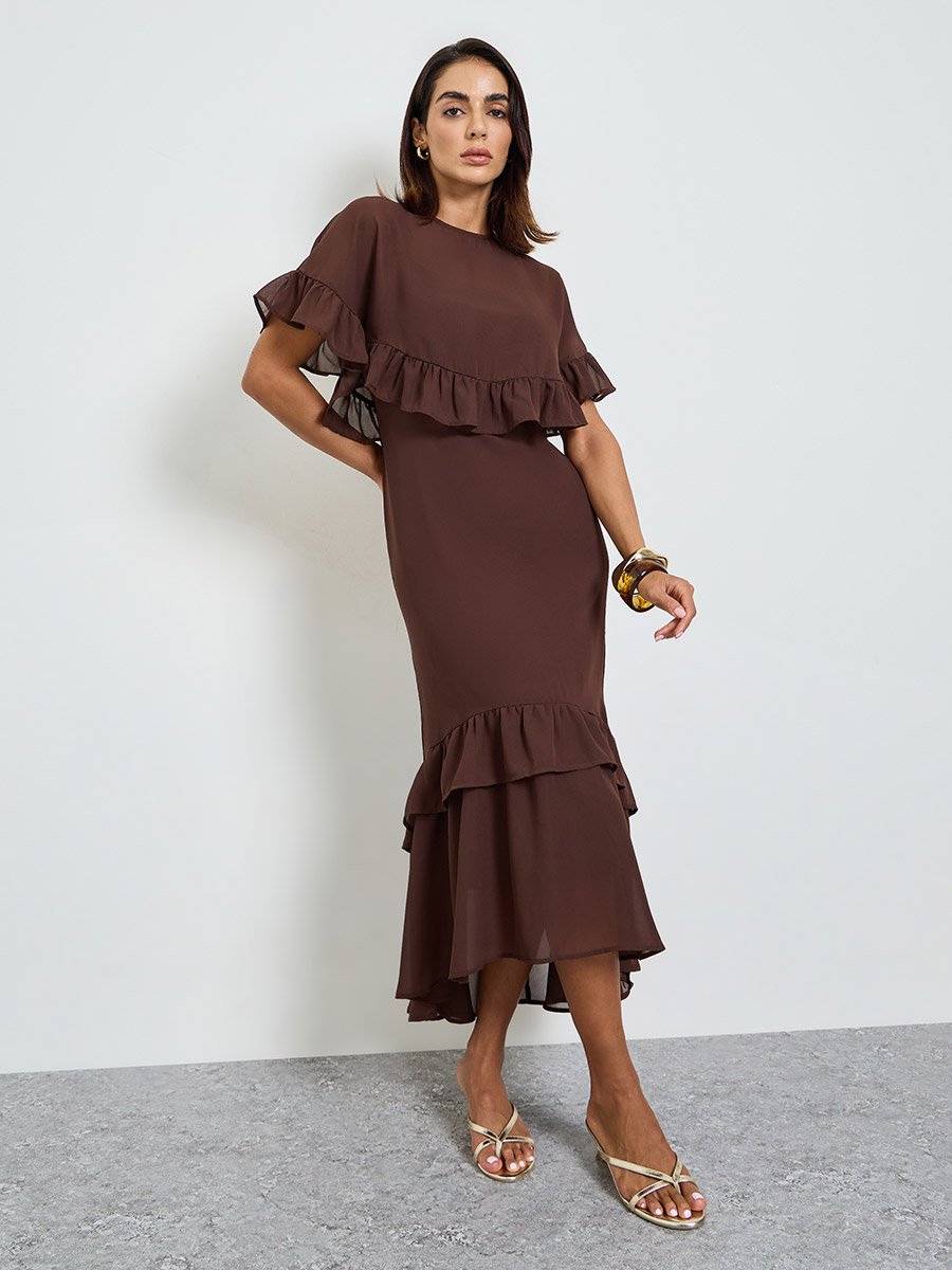 Brown Texture Round Neck A-Line Maxi Dress