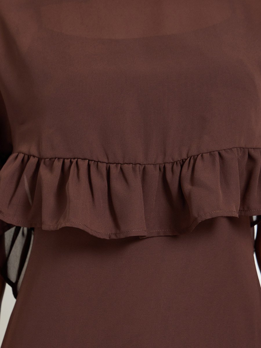 Brown Texture Round Neck A-Line Maxi Dress