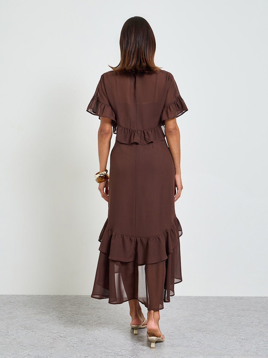 Brown Texture Round Neck A-Line Maxi Dress