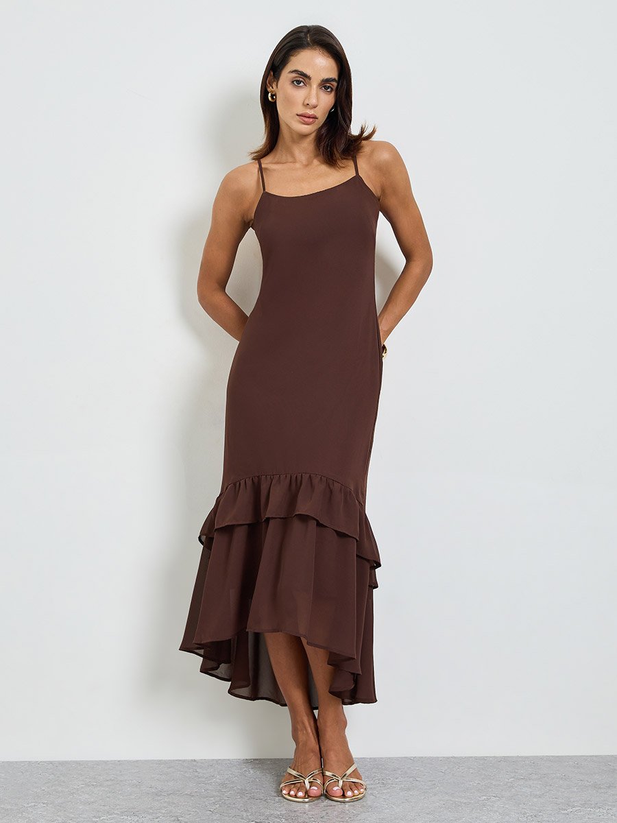 Brown Texture Round Neck A-Line Maxi Dress
