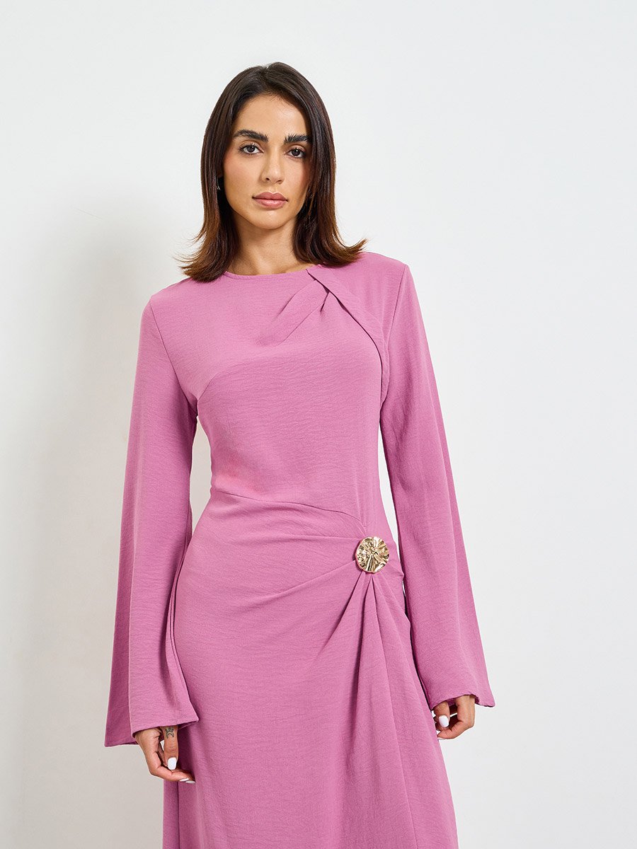 Pink Plain A-Line Maxi Dress with Long Sleeves