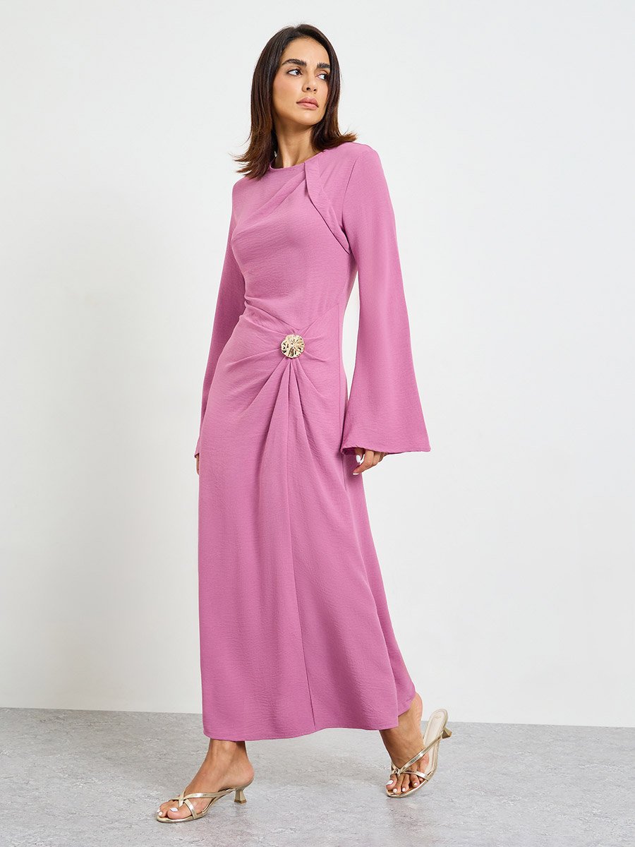 Pink Plain A-Line Maxi Dress with Long Sleeves