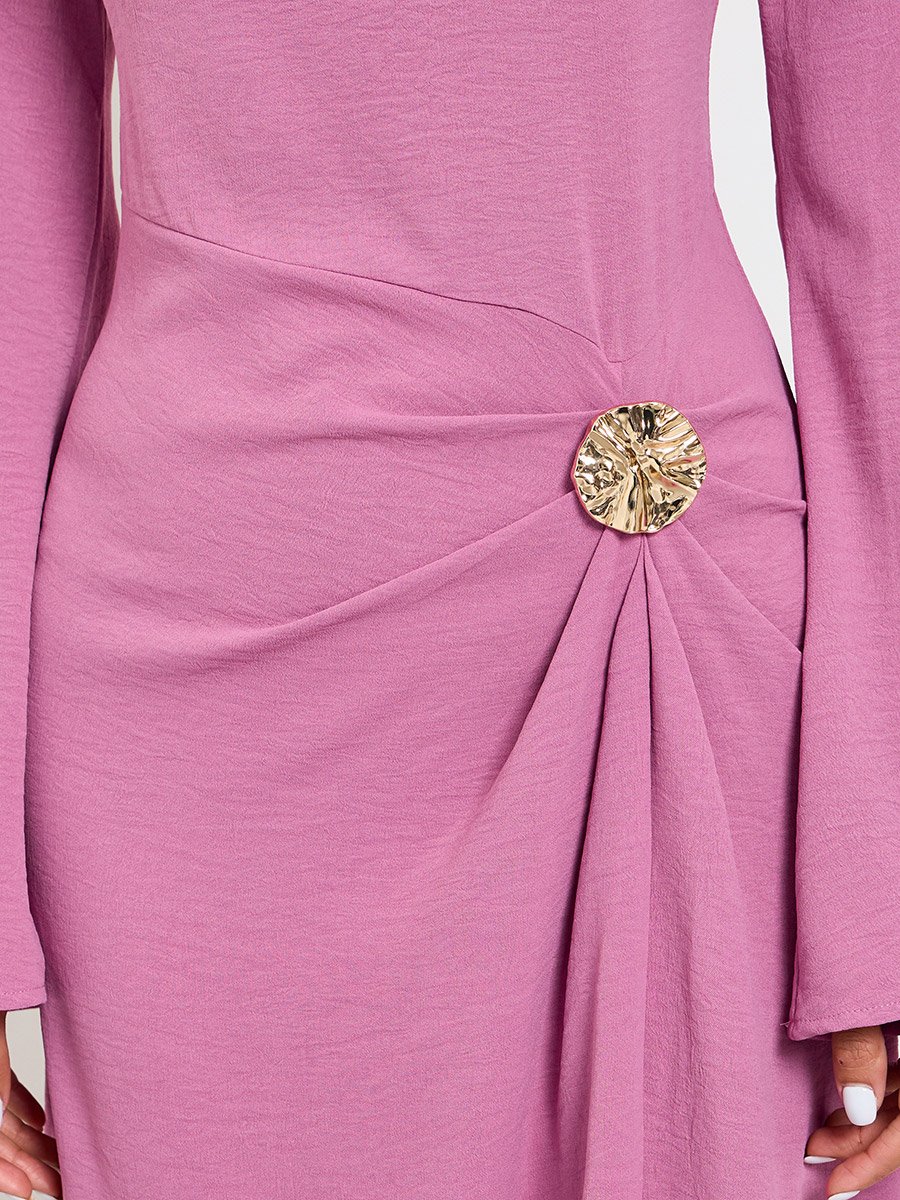 Pink Plain A-Line Maxi Dress with Long Sleeves