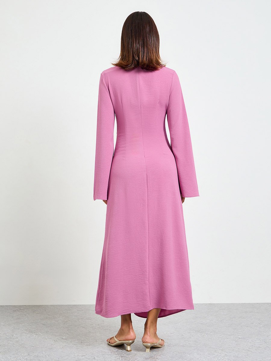 Pink Plain A-Line Maxi Dress with Long Sleeves