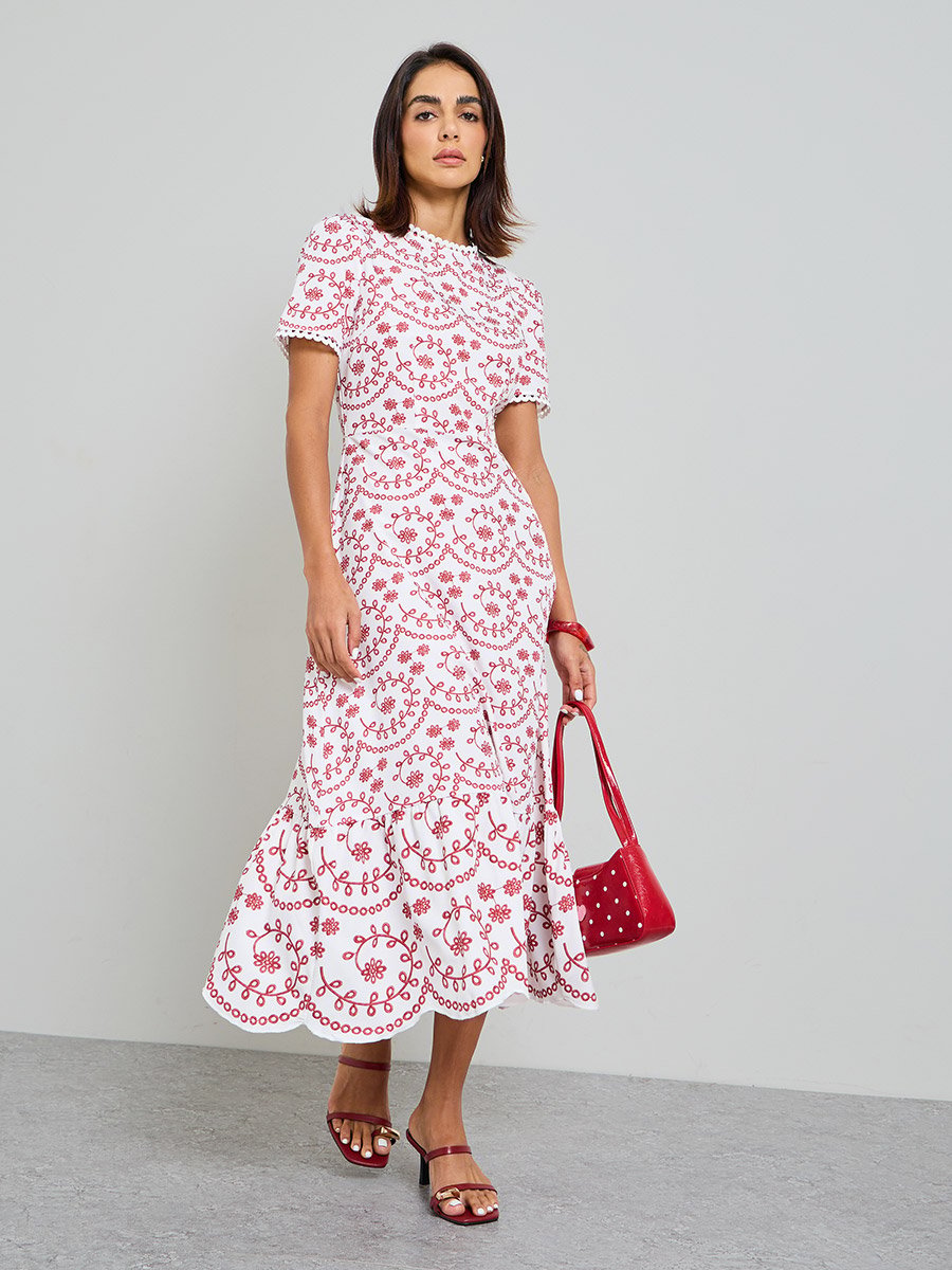 Embroidered Midi A-Line Dress with Short Sleeves